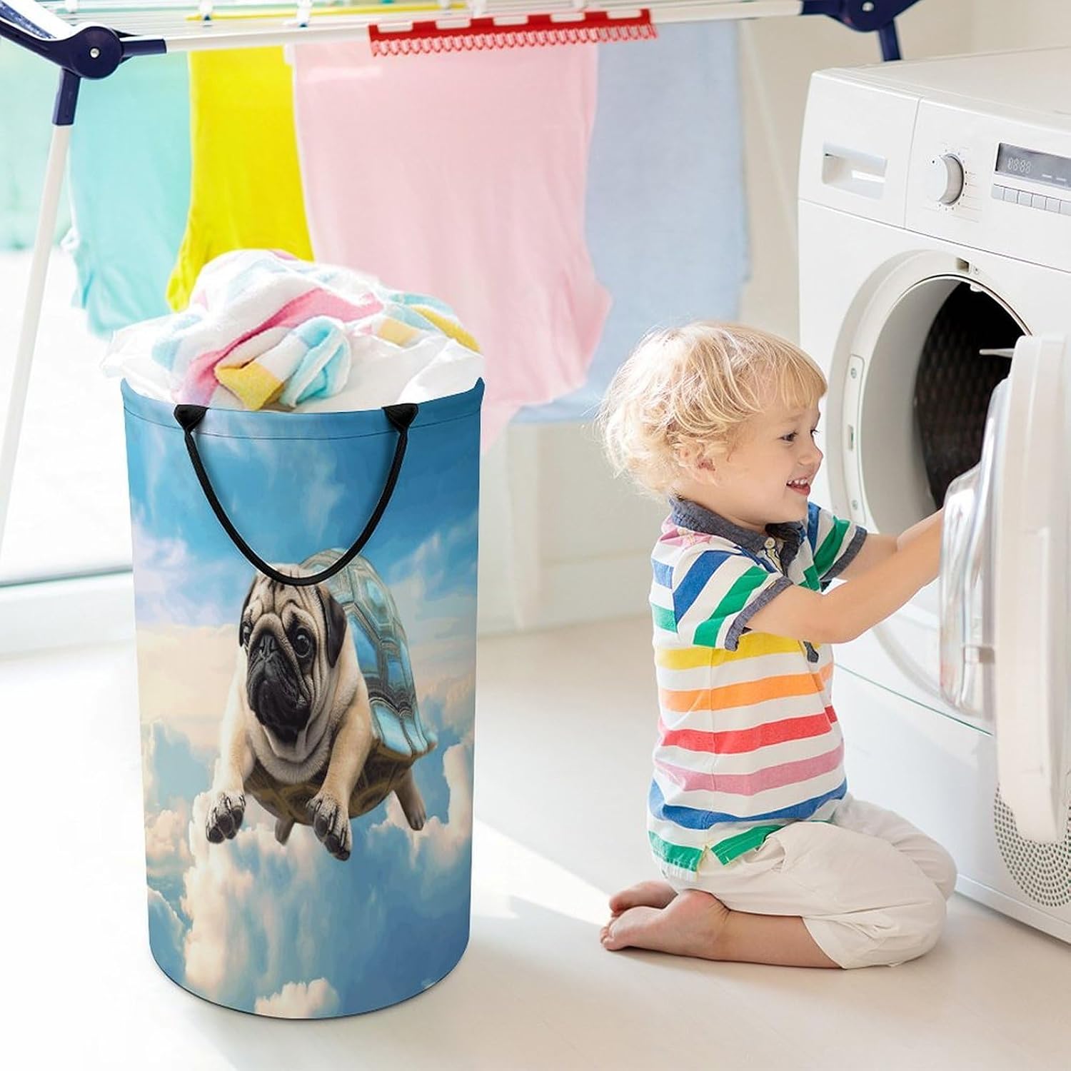 Funny Turtle Pug Dog in The Sky Laundry Basket 86L Laundry Hamper | Collapsible Clothes Hamper with Reinforced Handles Waterproof Tall Foldable Dirty Clothes Basket for Hotel, Home, Closet