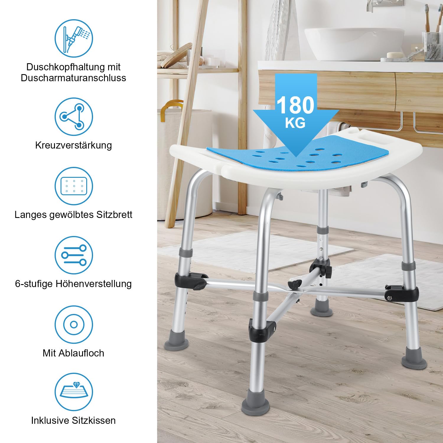 Taburete de ducha para personas mayores, altura regulable, 180 kg, silla de ducha para personas mayores, con barra transversal doble reforzada y alfombrilla antideslizante, taburete de baño