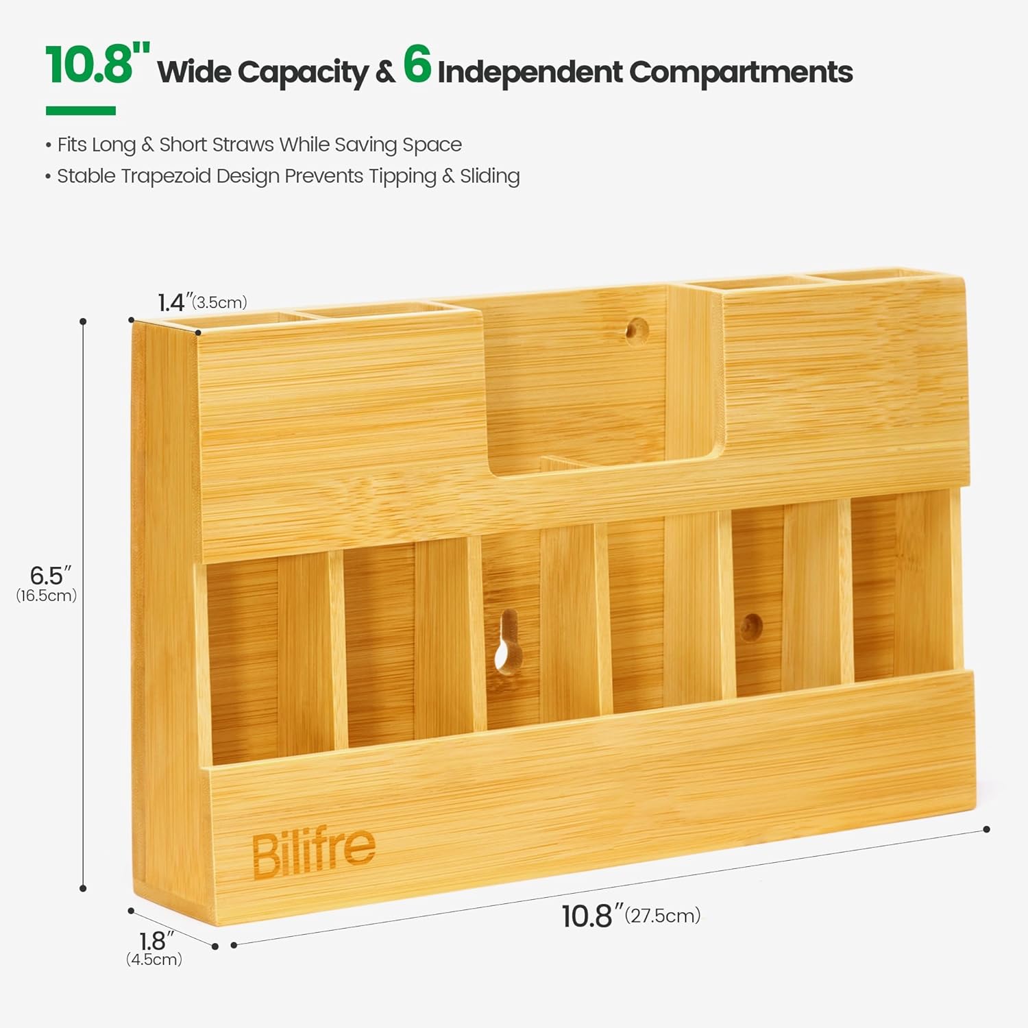 Bamboo Straw Holder Organizer, Extra Large 10.8”,6-Compartment Long & Short Straw Organizer for Cabinet, Fridge & Counter, Magnetic & Adhesive Bamboo Kitchen Organizer