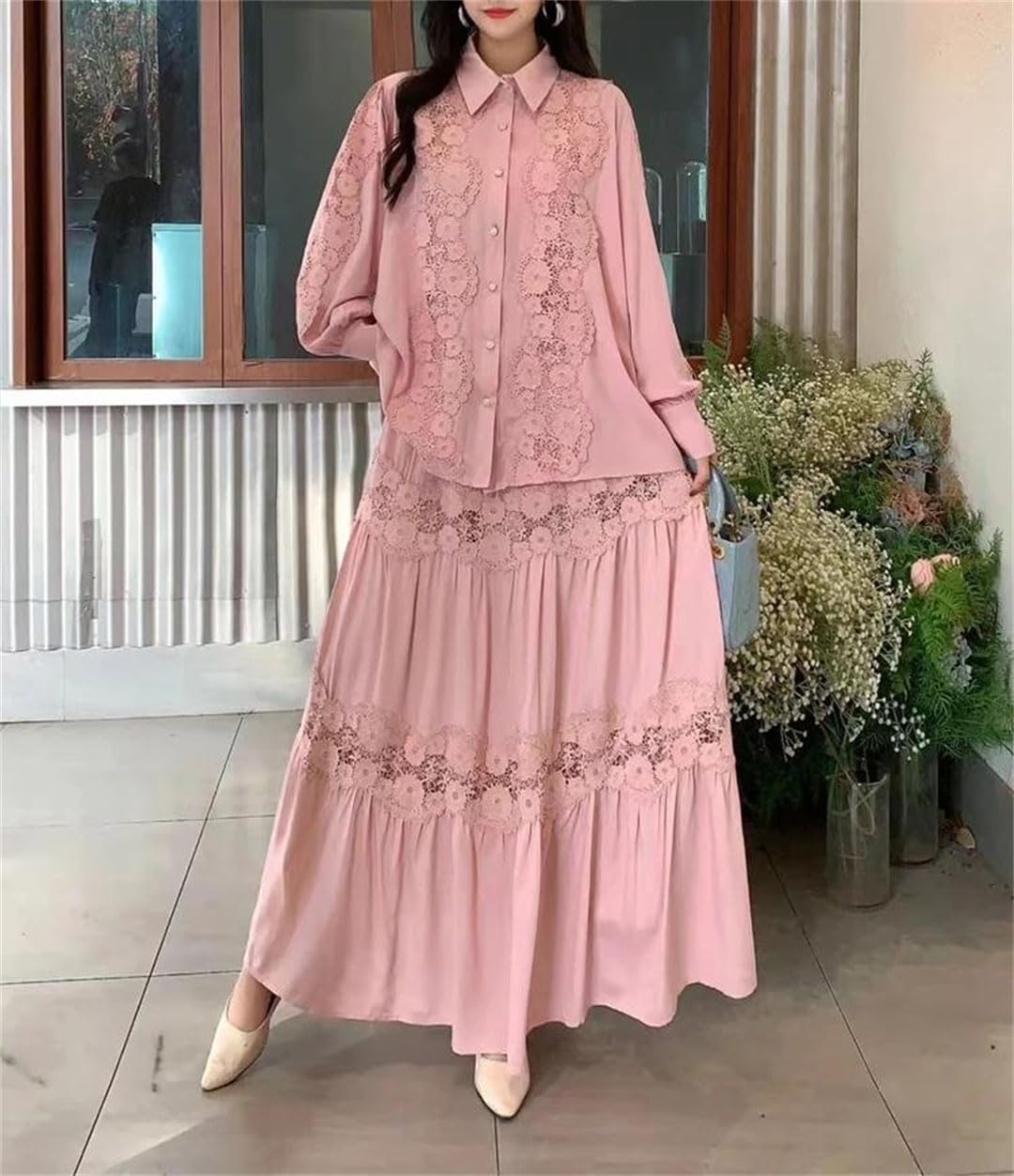 Women's Vintage Lace Patchwork Turn Down Collar Full Lantern Sleeve Blouse And Ankle Length Skirt Set Single Breasted Wear