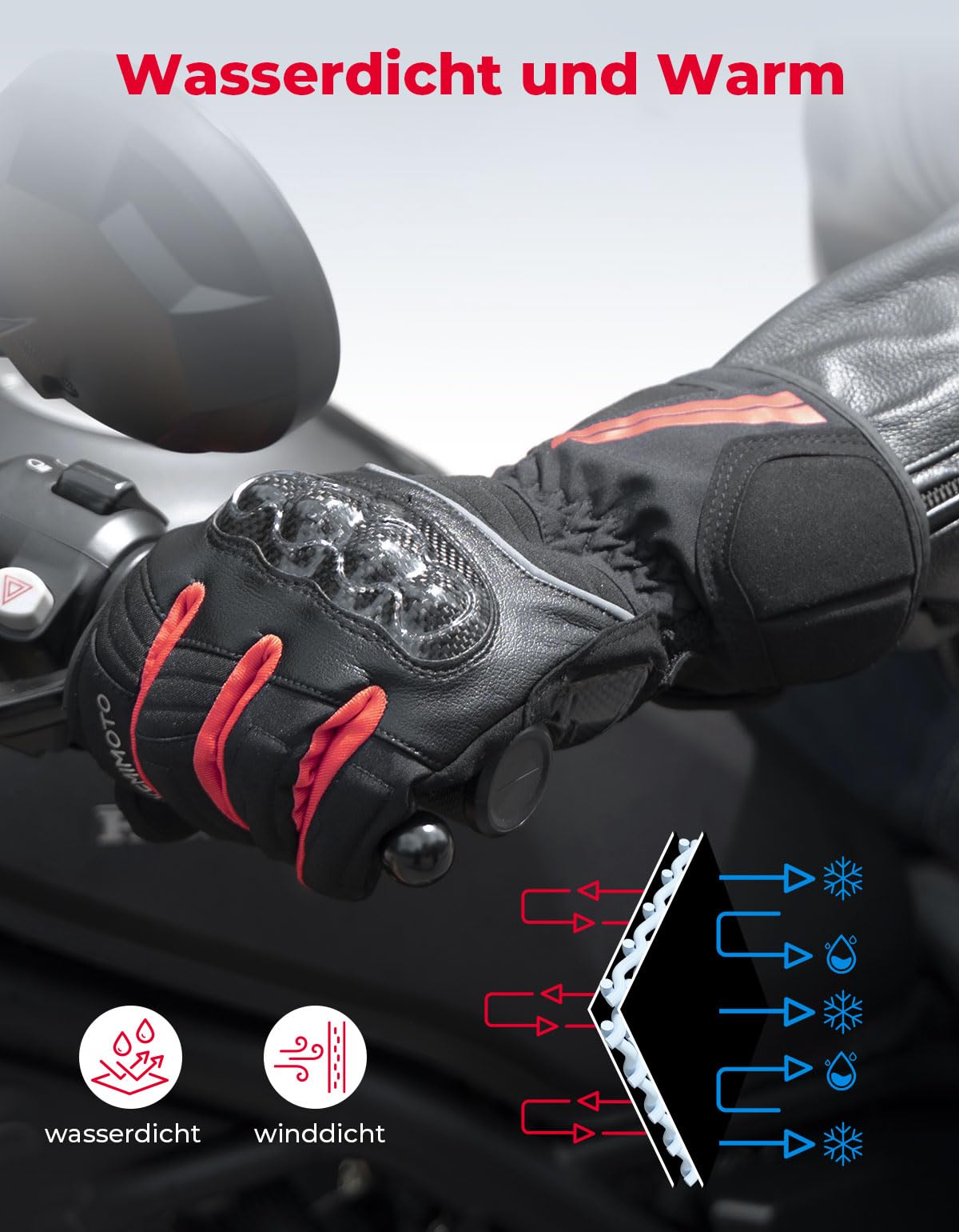 KEMIMOTO Winter Motorradhandschuhe, wasserdichte und Winddichte Motorradhandschuhe für 0°C~5°C, Verschleißfeste Handschuhe mit Kohlefaserschale,Touchsreen Winter Thermo Handschuhe für Skifahren