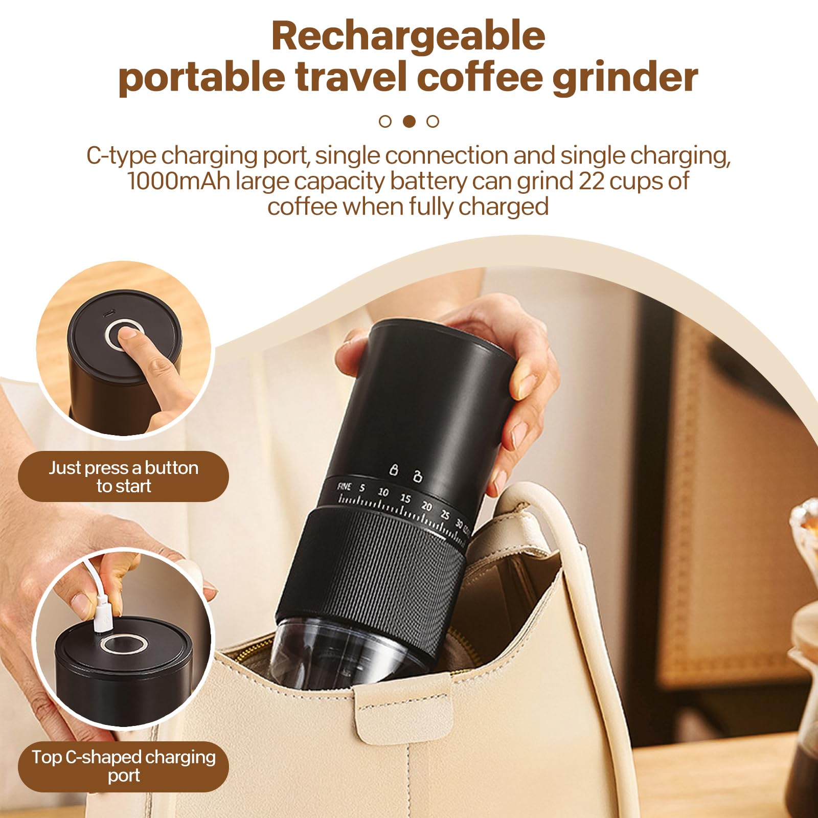 Moulin à café portable, petit moulin à café électrique avec 30 réglages, moulin à café rechargeable sans fil avec fraise conique en céramique et brosse de nettoyage pour voyage et camping