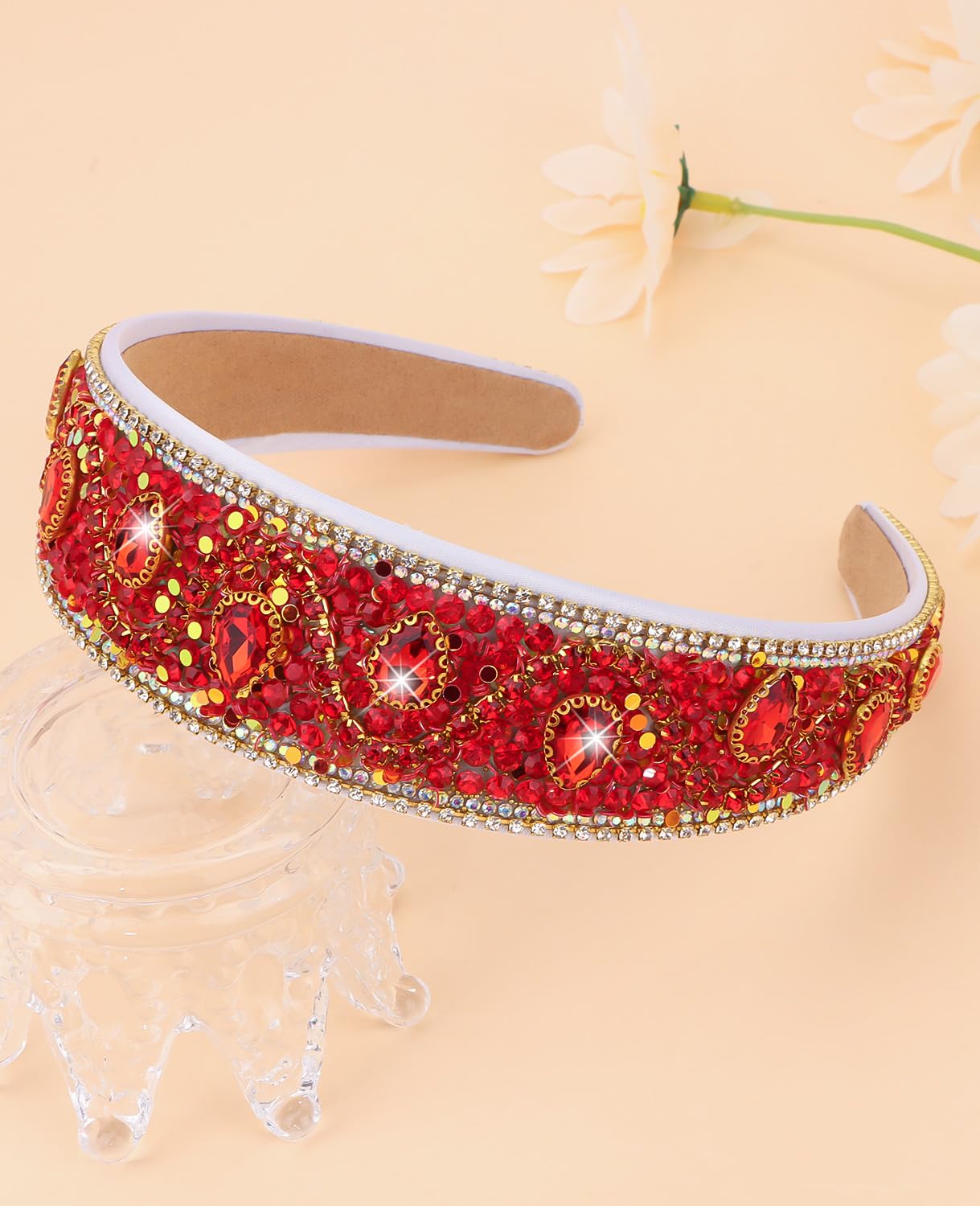Wecoe Red Rhinestone Headband Women Wide Fancy Sparkly Bling Sequin Glitter Crystal Jeweled Diamond Embellished Headband Hairband Holiday Formal Hair Accessories Gifts - Image 7