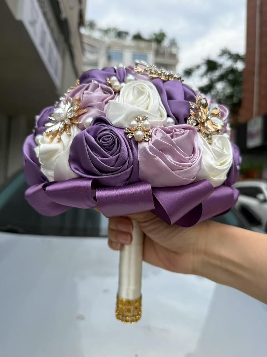 Luxurious Handmade Satin Purple Bridal Bouquet with Rhinestones Pearls for Weddings Special Occasions