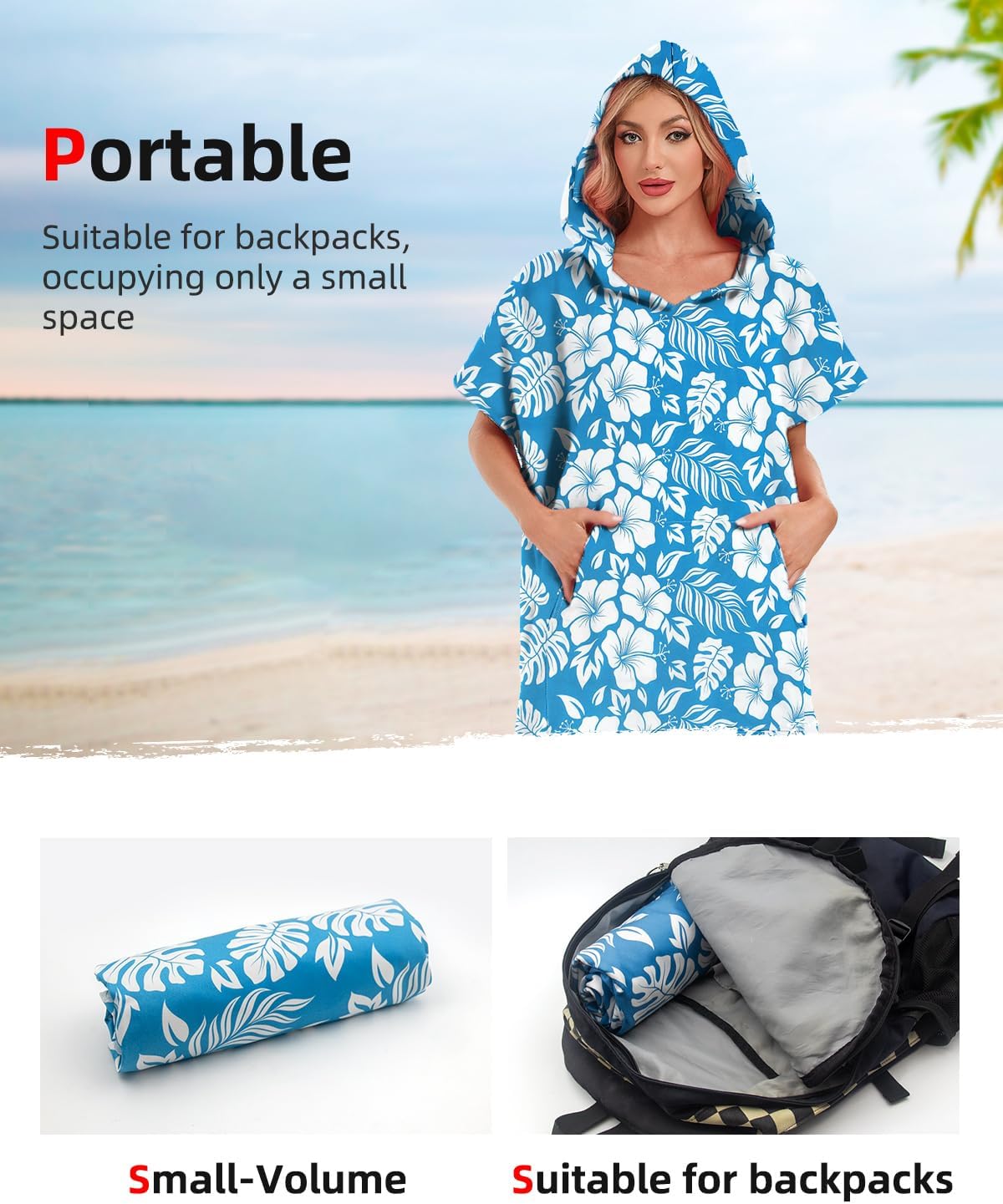 Abahub Quick Dry Surf Poncho for Adults, Microfiber Beach Changing Robe with Hood, Compact Packable Swim Cover Up & Towel (Blue Flower L) Blue Flower L: 44"L x 34"W