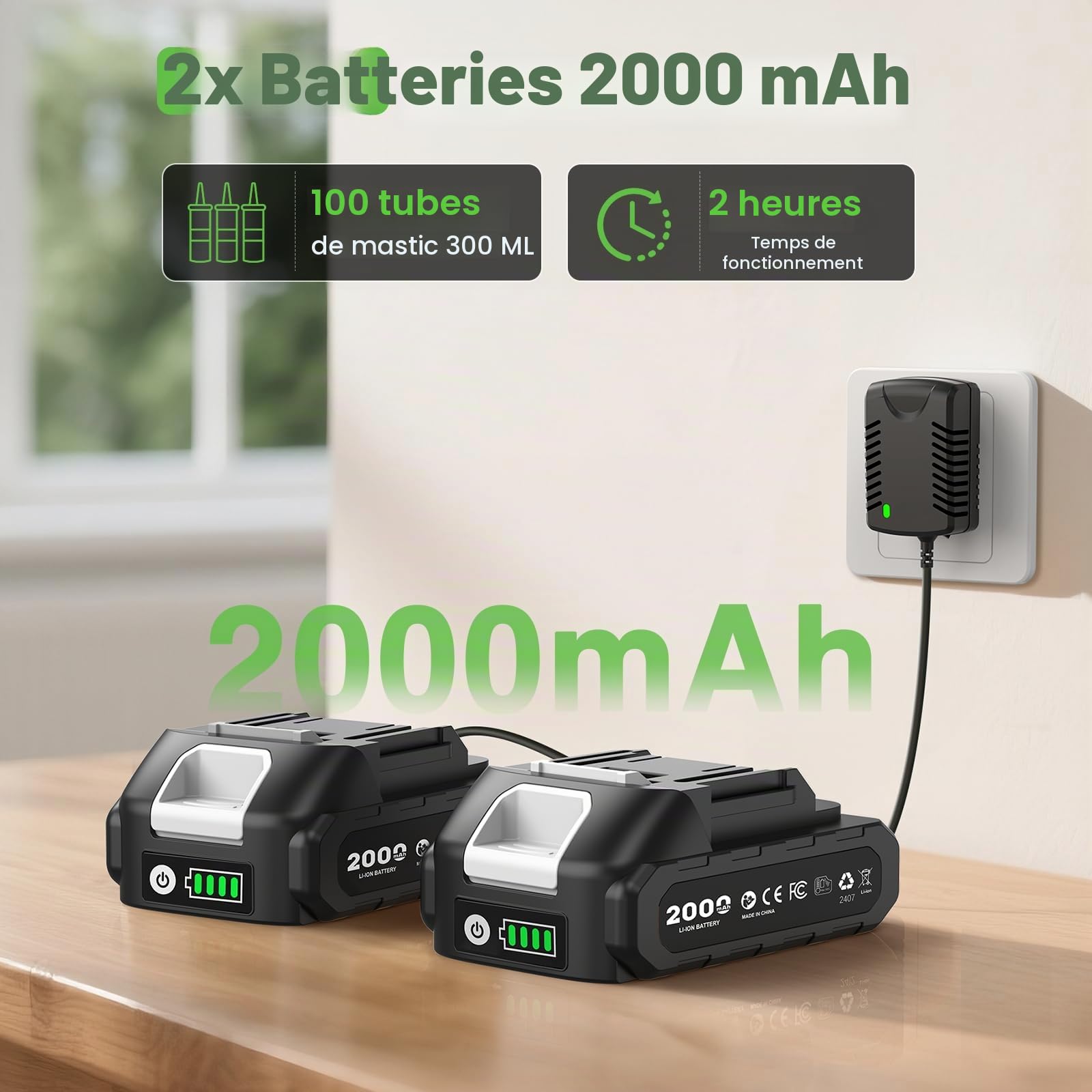 Pistolet à calfeutrer électrique compatible avec Makita-20 V, pistolet à calfeutrer sans fil avec 2 batteries de 2,0 Ah, lumière LED, vitesse variable, pistolet à mastic de batterie