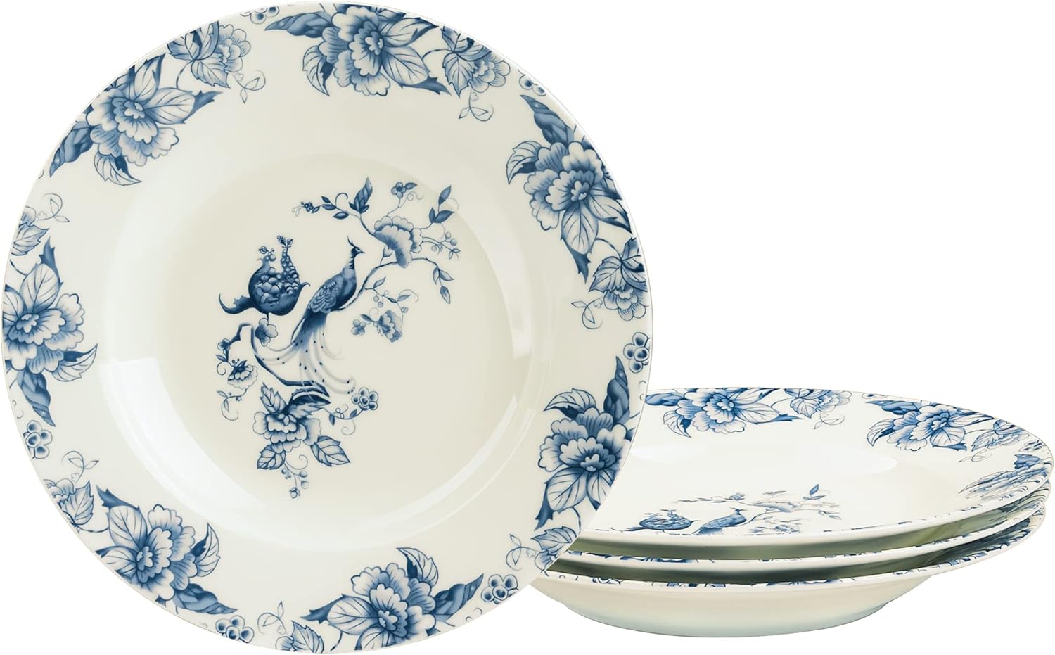fanquare Bone China Soup Bowls, Blue and White Porcelain Pasta Plates, Bird Serving Bowls for