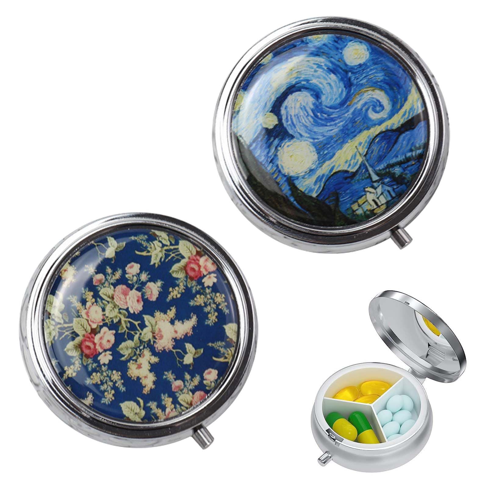 PAVIKE ピルケース 携帯用 薬入れケース 2個入り 薬ケース ファション 小さな鏡付き 3コンパートメント 丸型 金属製収納ボックス ピル/イヤリング/ネックレス/指輪その他小物用
