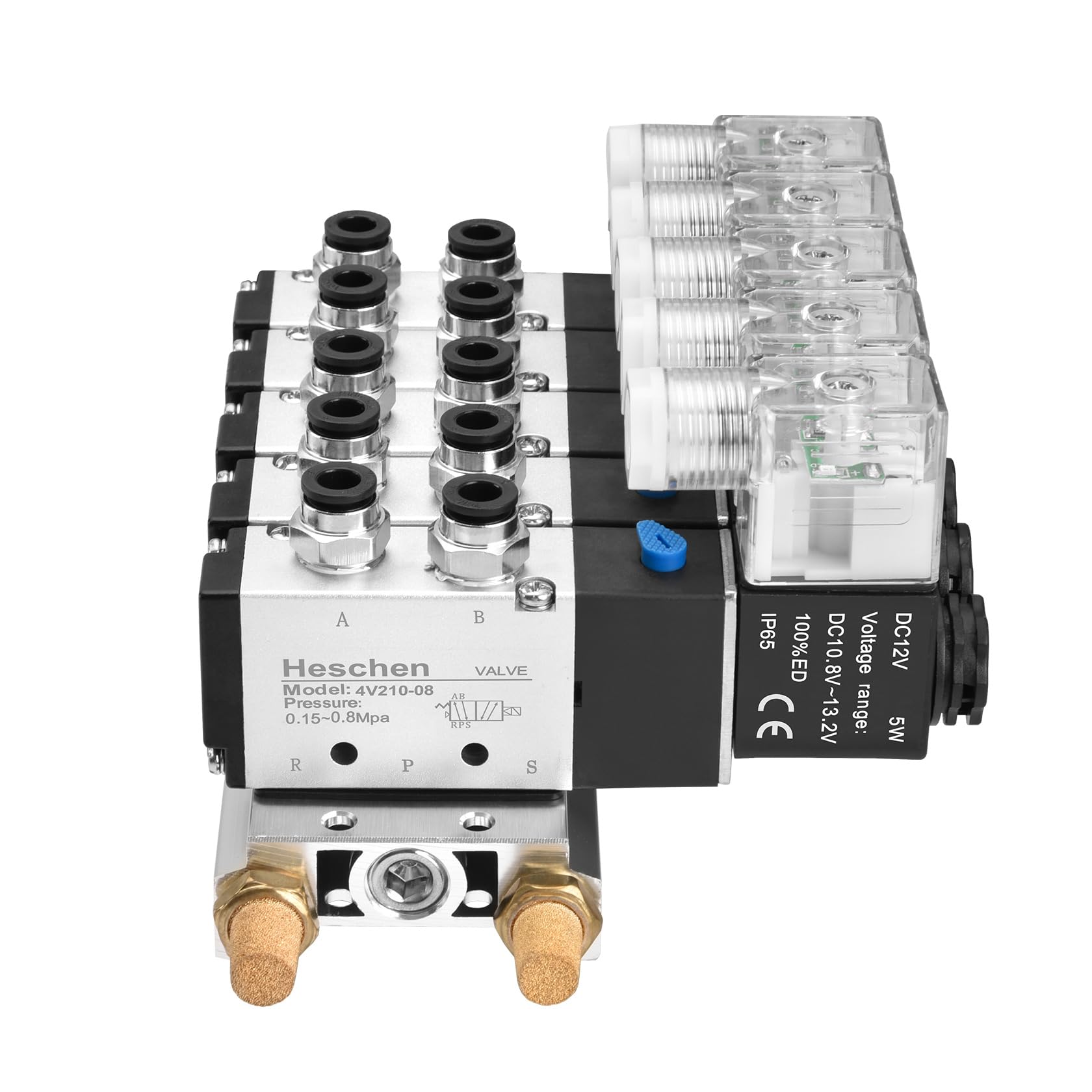 Heschen Válvula solenoide eléctrica neumática 5, 4V210-08, DC12V, PT1/4", 5 vías 2 posiciones, silenciador de base de colector rápido juego de accesorios