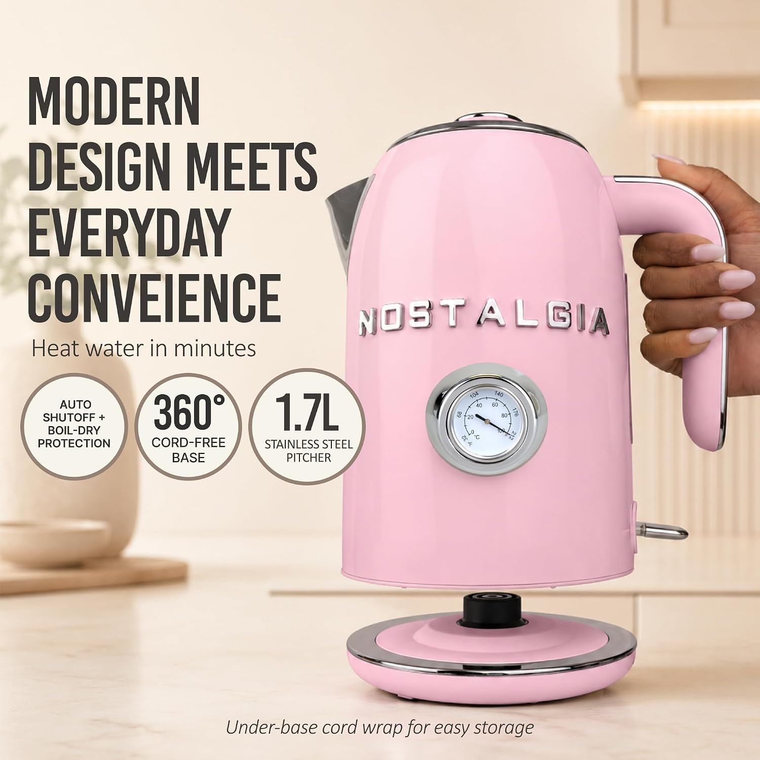 Nostalgia Retro Electric Kettle,1.7L Enamel-Coated Stainless Steel - Pink