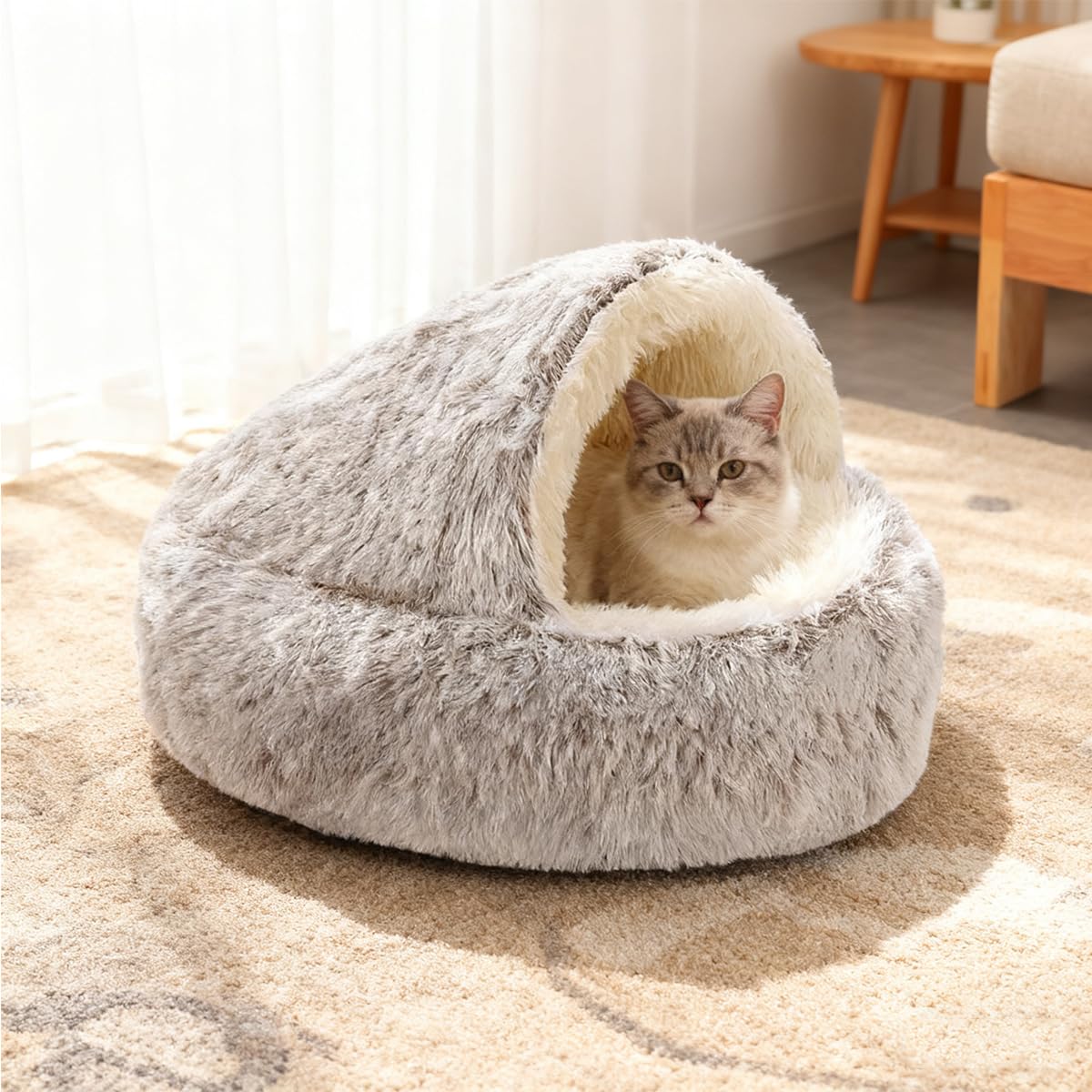 Cat Cave Bed, Calming Dog Bed Fluffy Plush Large Pet House, Warm Medium Kitten Puppy Indoor Tent Igloo, Hooded Semi-closed Washable Small Cats Nest Kennel (Coffee,80cm)