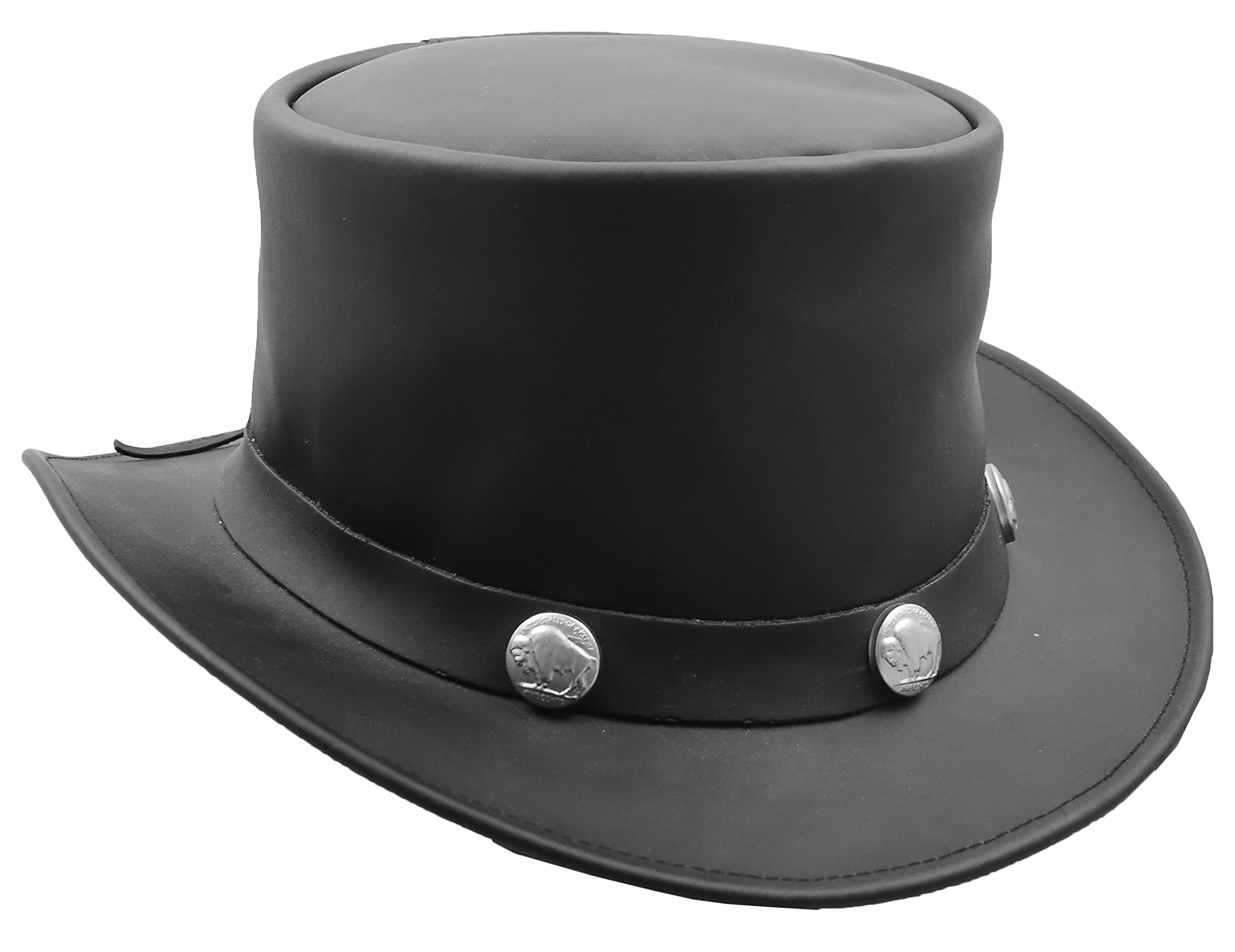 Cappello a cilindro in vera pelle di mucca nero Buffalo Coins Band Steampunk Mago Cappelli HL0011