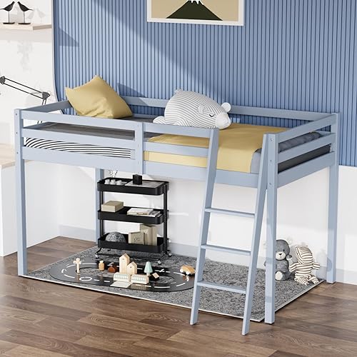 Miniatura 16 de Vingli - Cama junior tipo loft baja con escalera, cama tipo loft de madera blanca de tamaño completo para adultos, niños y adolescentes jóvenes, no