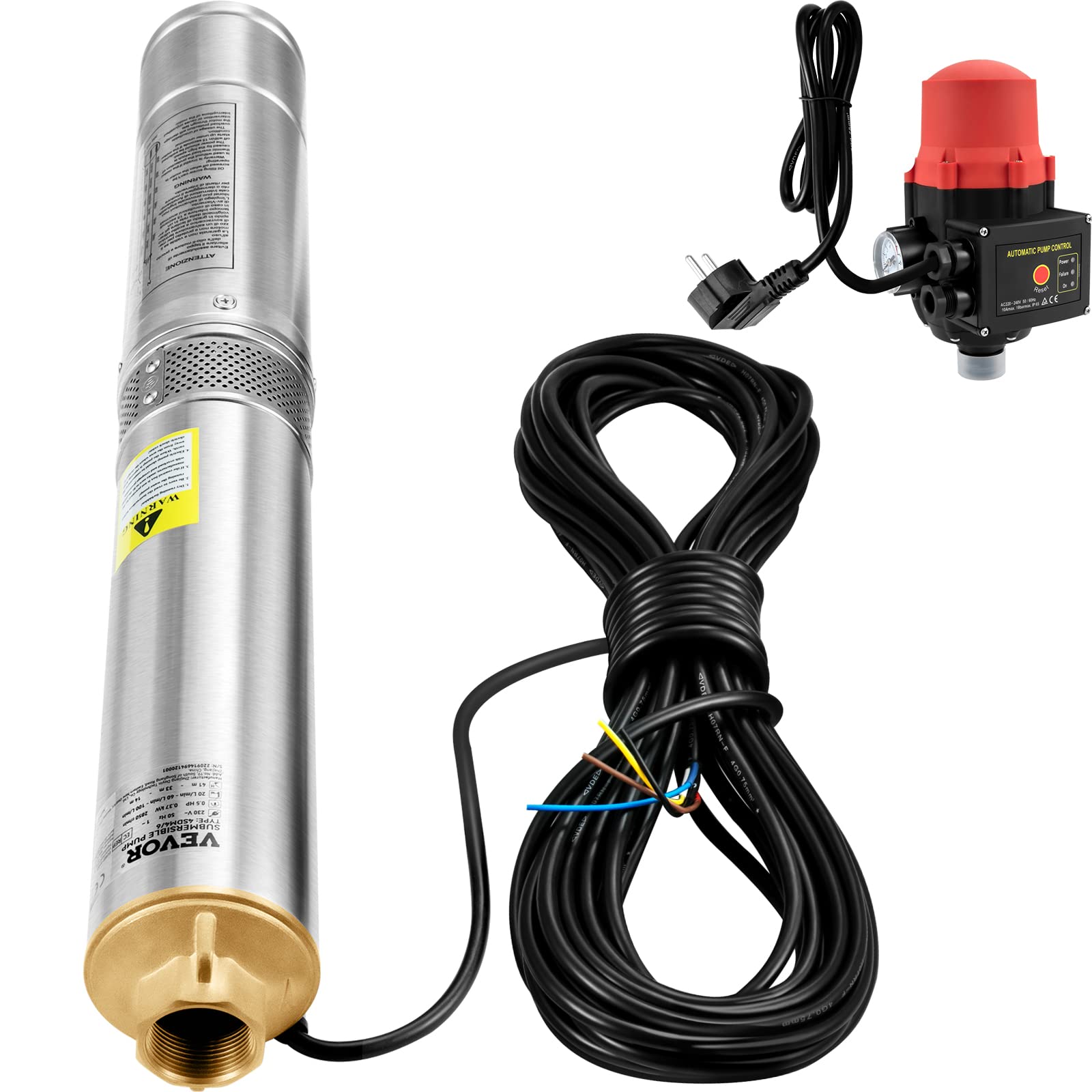 VEVOR 3, 5" Tiefbrunnenpumpe 750W Brunnenpumpe 105L/min Tauchpumpe max. Förderhöhe 62m Rohrpumpe 230V 50Hz Sandpumpe IP68 Wasserpumpe 11 Laufradstufen Pumpe Ideal zur Bewässerung, Silber