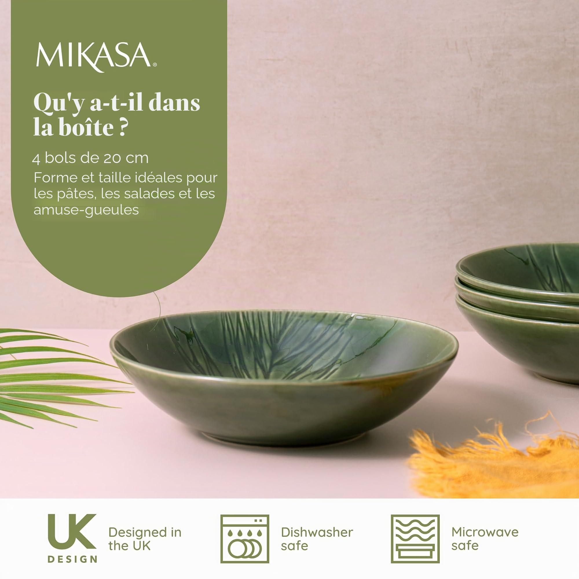 Mikasa Jardin Ensemble de bols 4 pièces, 4x bols en grès émaillé, design botanique vert, bols à pâtes, 20cm - lavable au lave-vaisselle et empilable