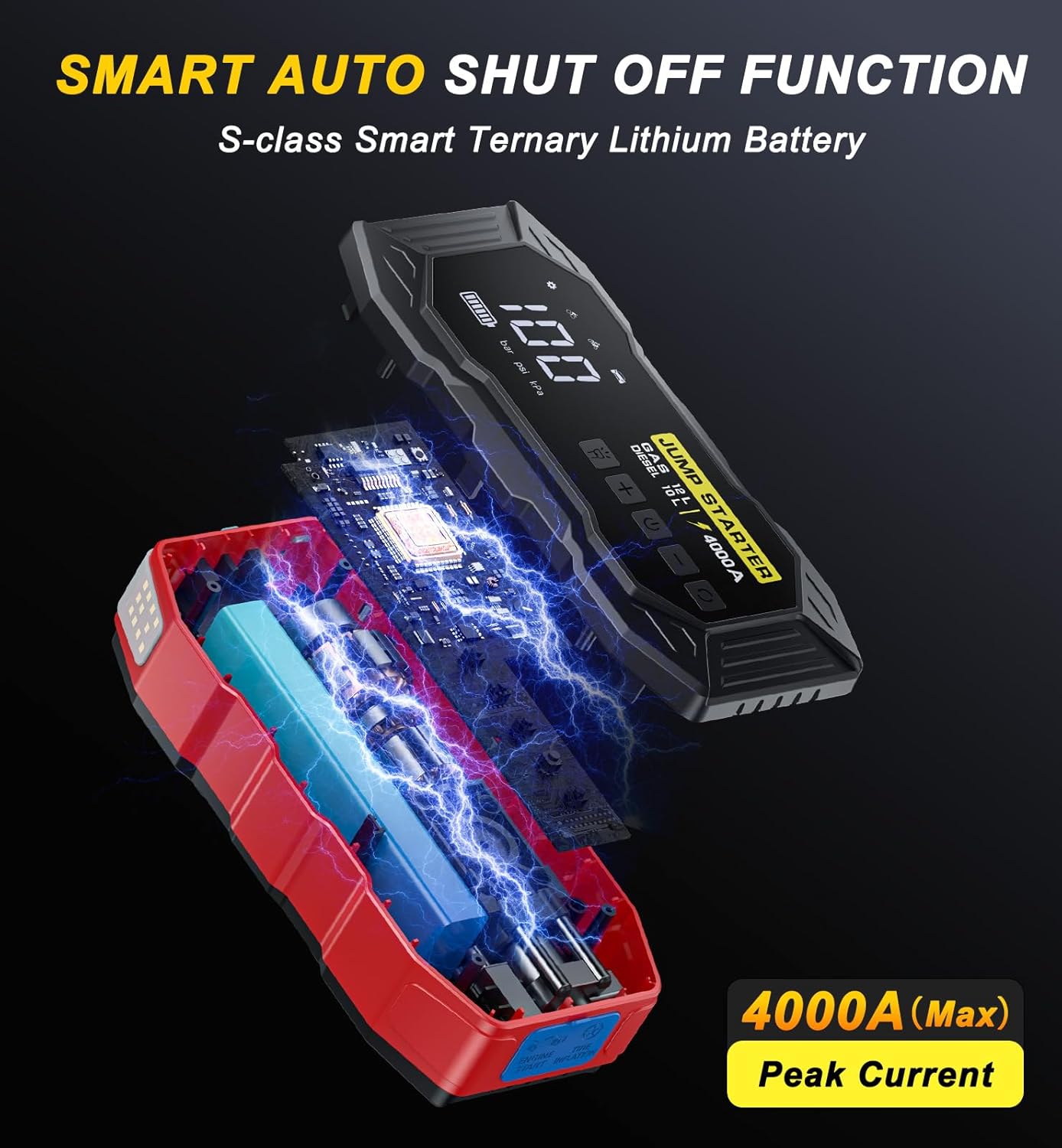 Jump Starter with Air Compressor, Portable Car Battery Jump Starter(12 Gas/10L Diesel), 4000A Peak 160PSI 12V Automobile Jump Box Pack Chargers with Jumper Cables, 4-Mode LED Lights, LCD Display - Image 7