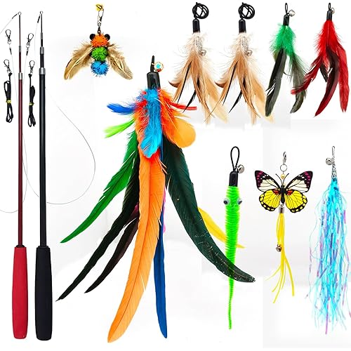 Cat Toy 2PCS Ultra-Long Cat Teaser(50"+38")+9PCS Da Bird Feather Refills,Cat Fishing Pole Toy,Interactive Cat Toys -Retractable Cat Wand Toy and Feather Toys Refills for Indoor Cats