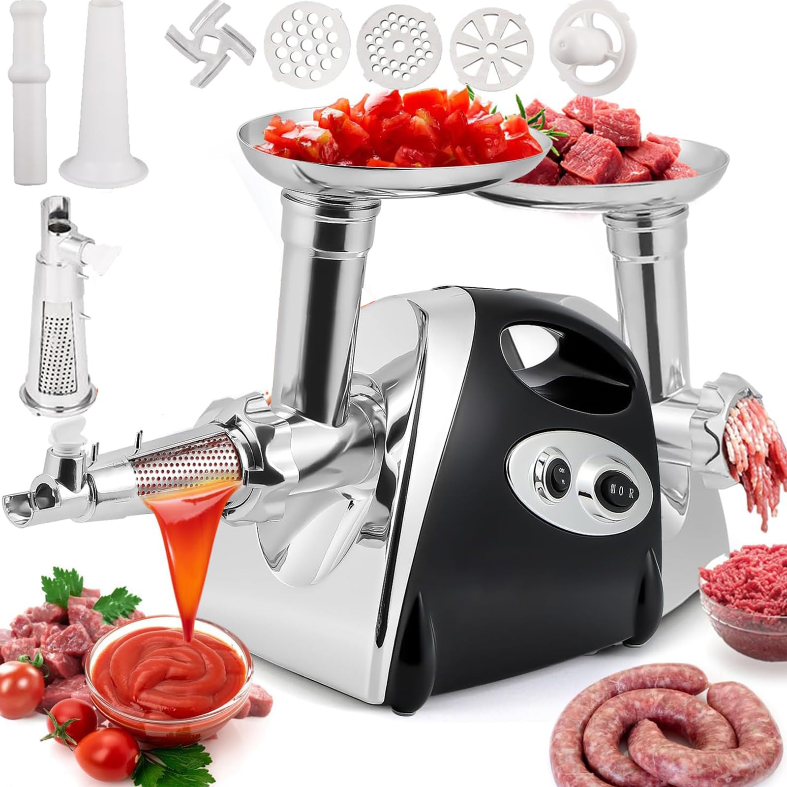Picadora de carne eléctrica y colador de tomate, embutidora de salchichas 3 en 1 con 3 platos de molienda y kit Kubbe, máquina profesional para hacer salsa de tomate y picadora de carne para cocina
