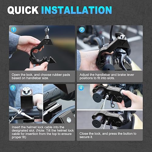 Vista 6 de Combo de bloqueo de motocicleta - Casco y agarre antirrobo para todas las motocicletas, bicicletas, cuatrimotos, scooters con diámetros de manillar