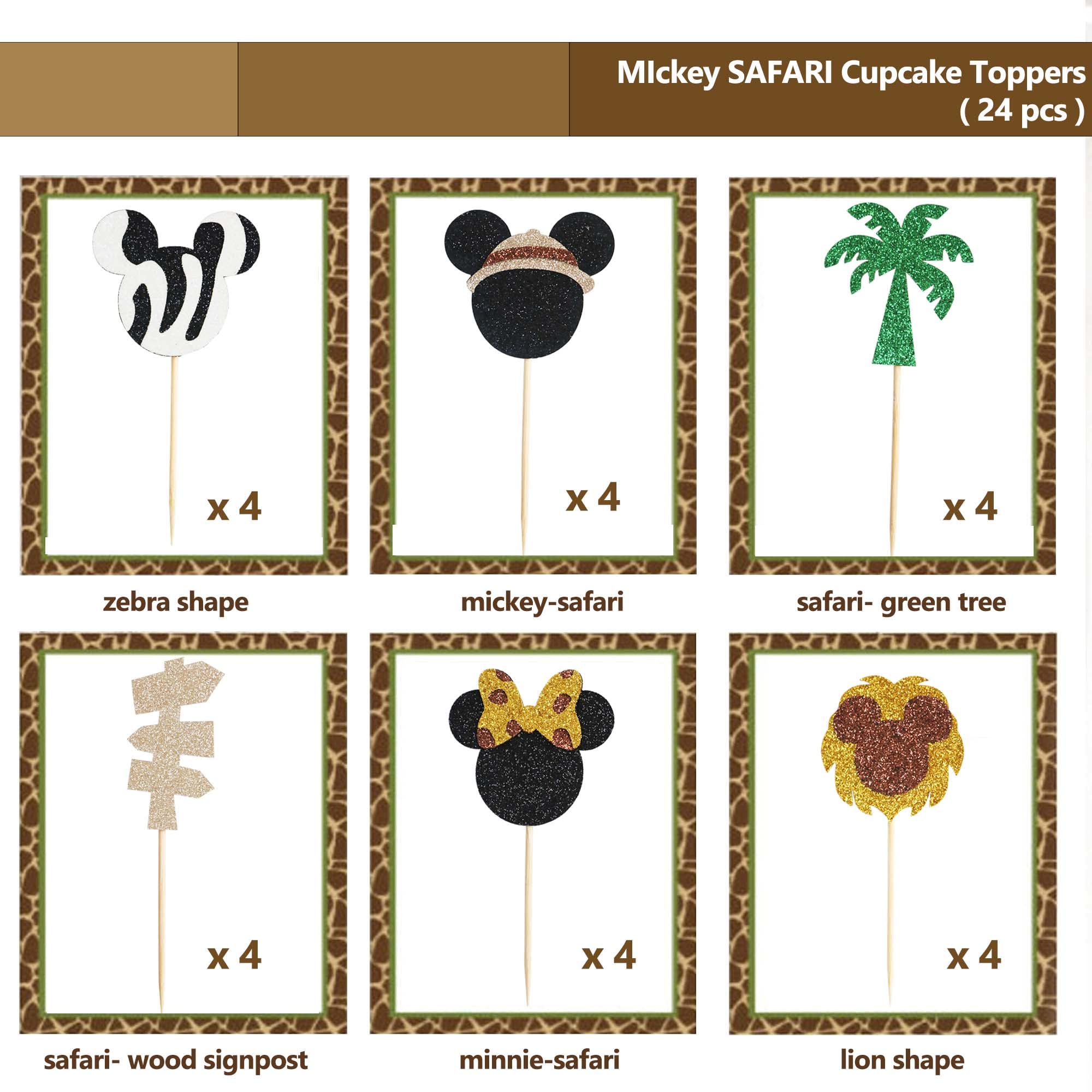 Glitter Mickey Safari Cupcake Toppers Animal Safari Cake Decorations Kid's Birthday Party Baby Shower for Boy & Girl, Pack of 24