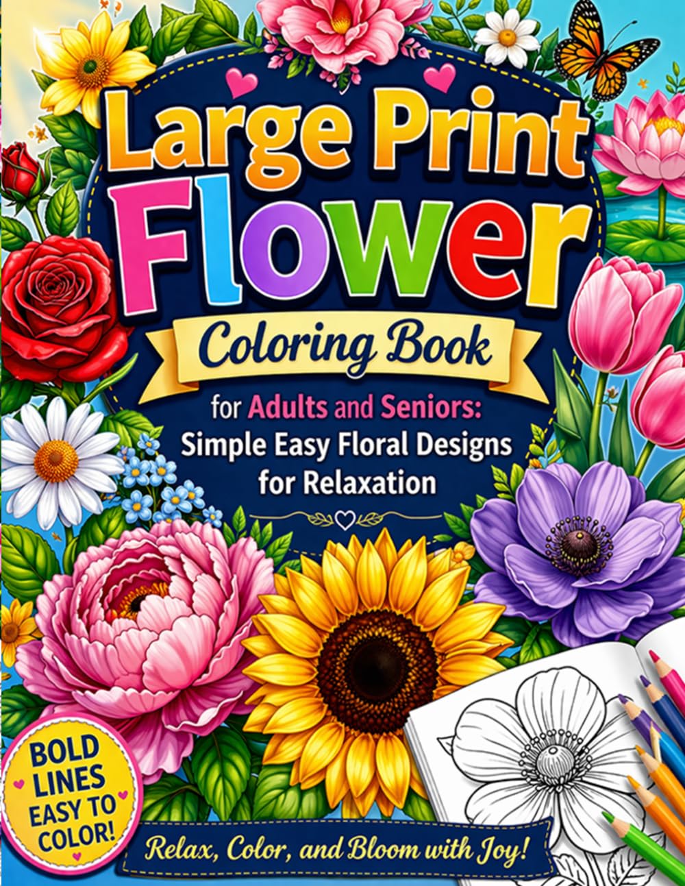 Large Print Flower Coloring Book for Adults and Seniors: Simple Easy Floral Designs for Relaxation