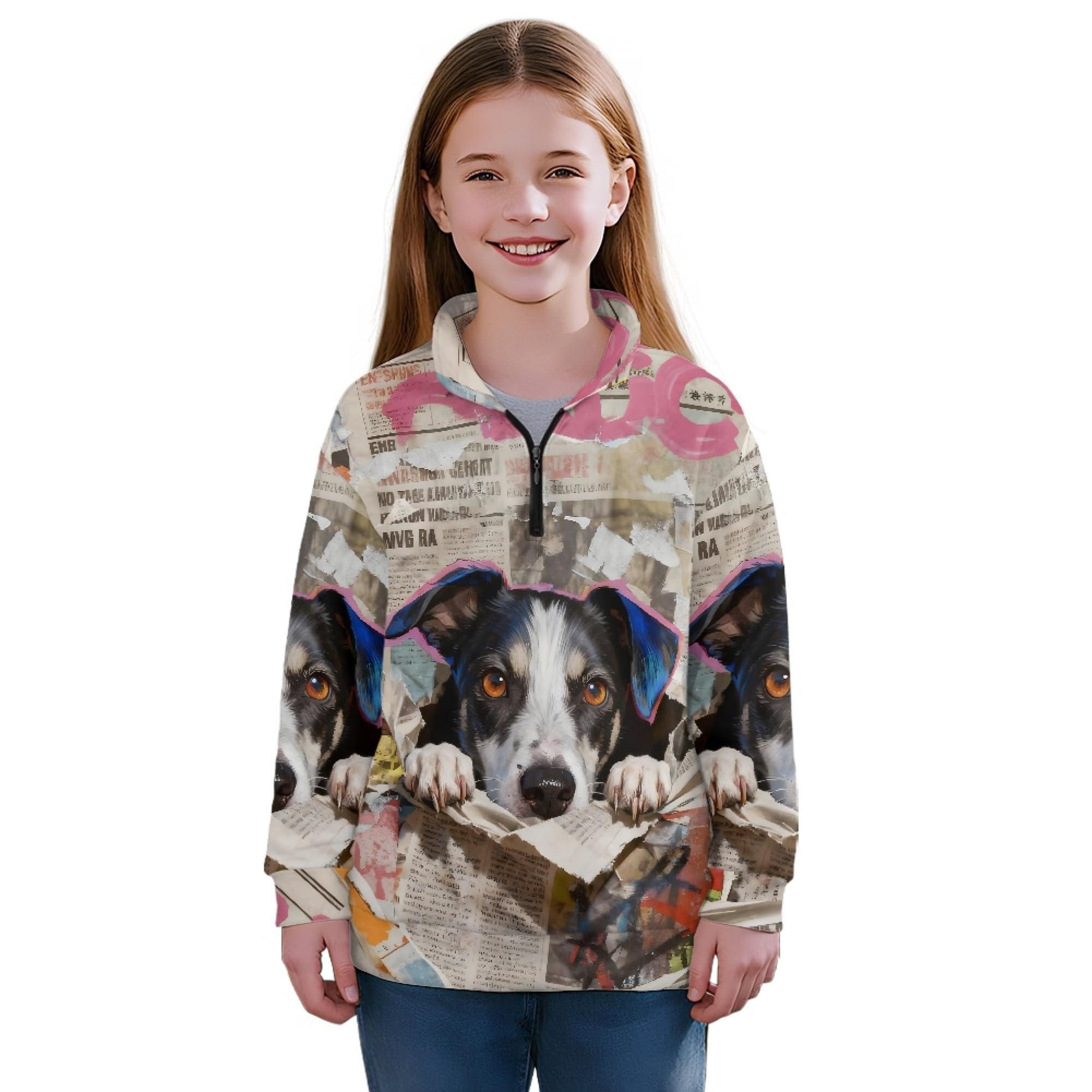 AmzPrint Half Zip Pullover Jackets Girls Long Sleeve Warm Pullover Back To School Running Oversized Hoodie For Big Girls