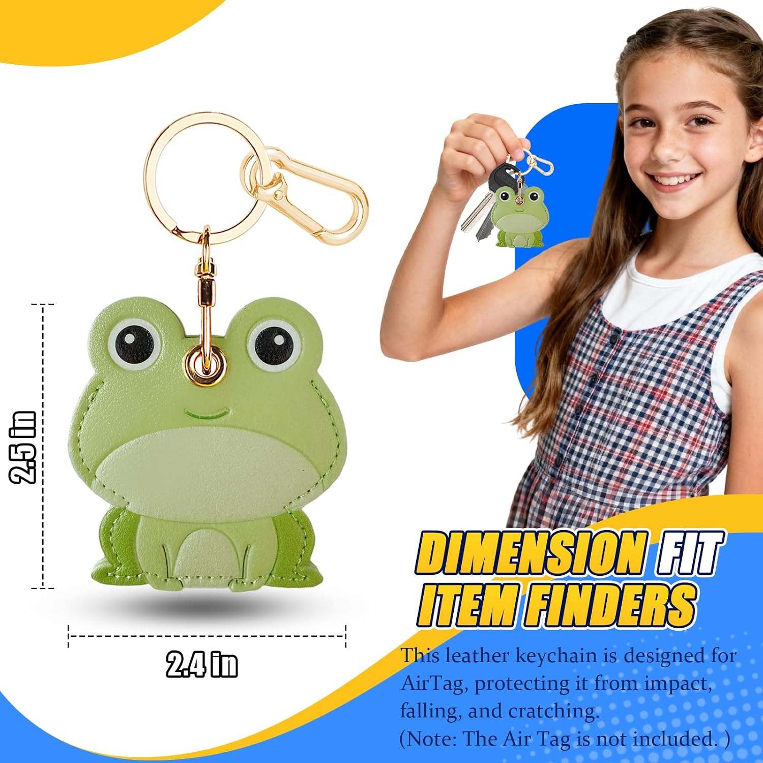Leather Keychain Holder Case for Airtag,Cute Protective Keychain Cover Compatible with AirTag,Anti-Scratch GPS Case for Keys(Green Frog) - view 3