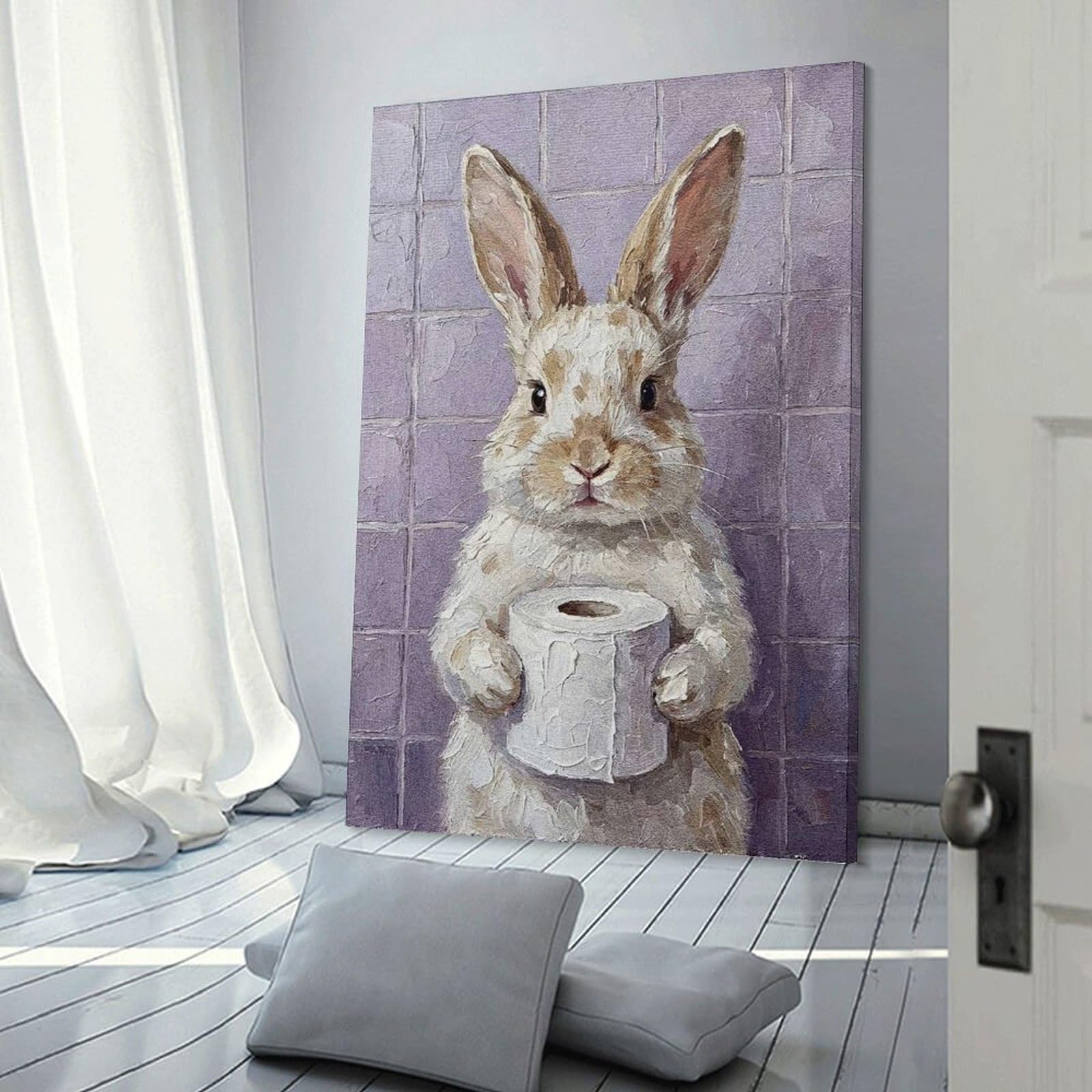 Junmoney Frame-Style-12 Bunny With Toilet Paper Painting Room Decor Wall Art, 20X30inch(50X75cm), For Front Hall, Corridor Or Welcome Spaces, A Neat Decor Update For Hallways
