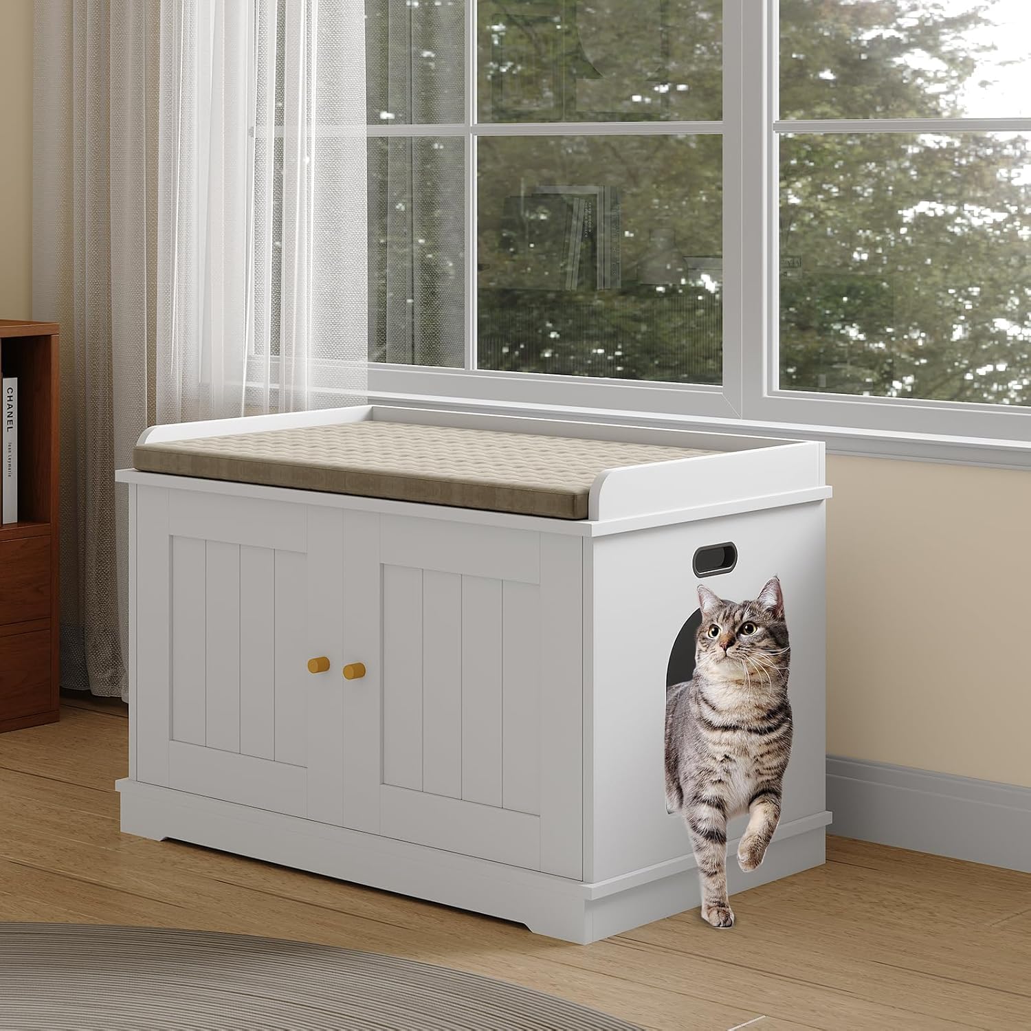 Litter Box Enclosure Furniture – Hidden Litter Cabinet – Pet Washroom with Storage Partition & Ventilation Holes, Dog Proof Covered Kitty Hideaway, Wooden Pet House – Pets Side Table White