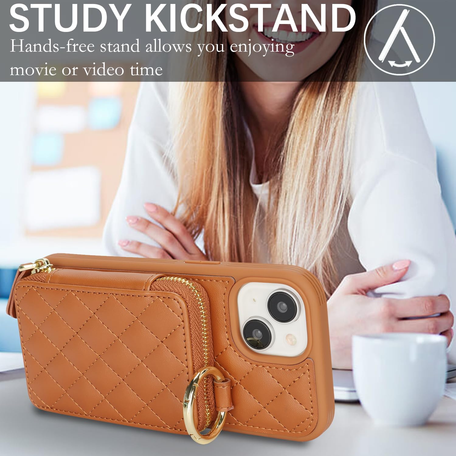 for iPhone 14 Case Wallet with Card Holder,for iPhone 14 Phone case Wallet with Zipper with Slot Kickstand Stand Case for Women and Man 5G 6.1 Inch-Brown