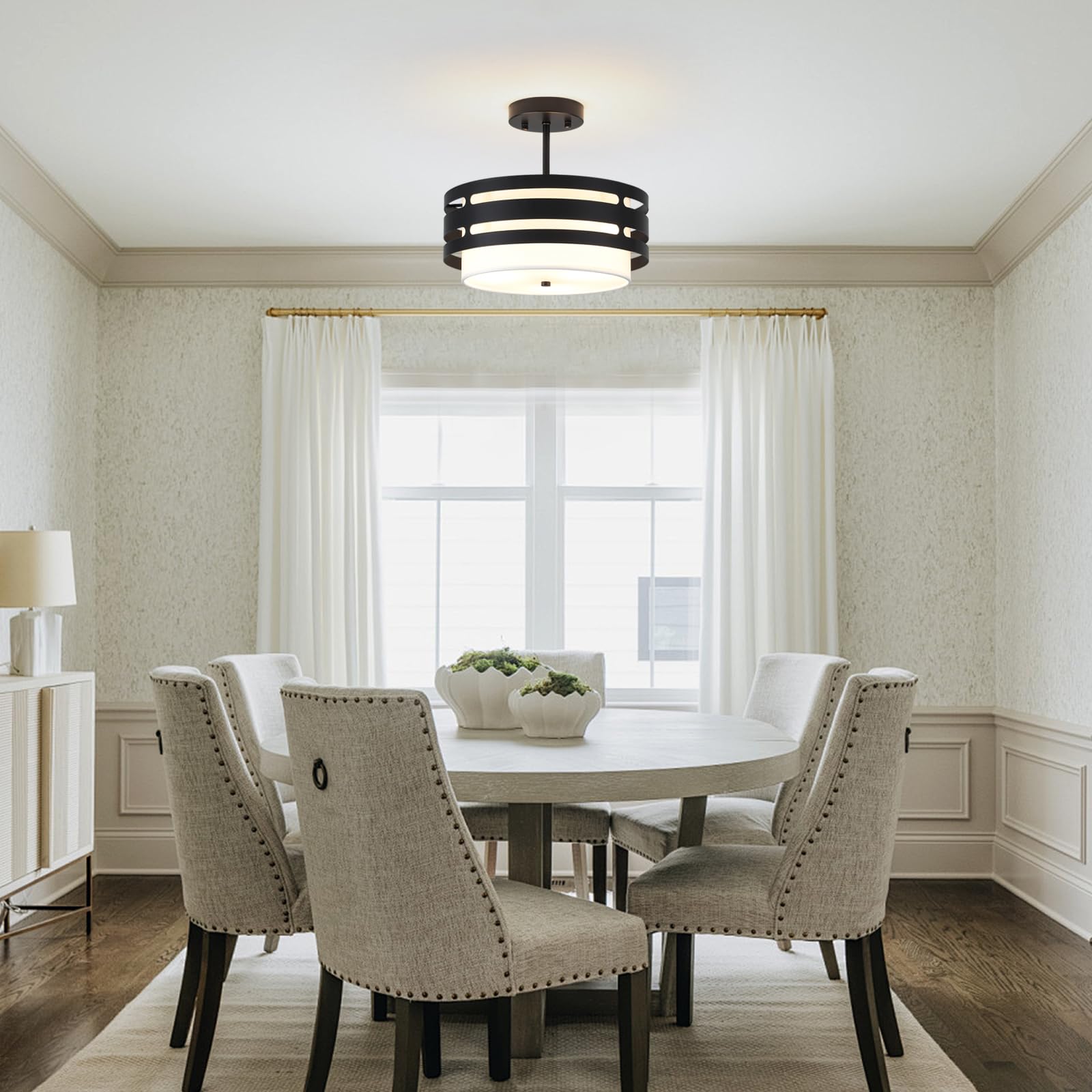 Schwarz Deckenlampe Wohnzimmer, Schwarz Deckenlampen mit Stoffschirm, E27 Deckenleuchte, Ø 32CM Moderne Deckenlampe Kronleuchter für Küche, Flur, Schlafzimmer, Esszimmer