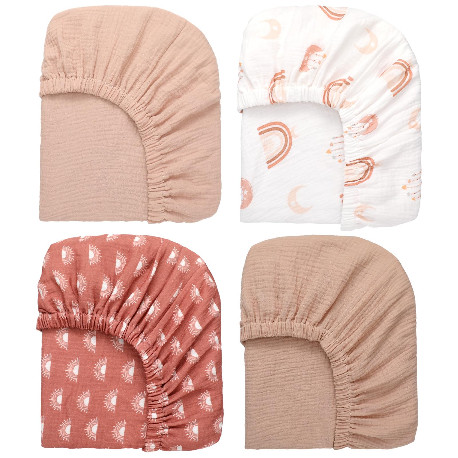 Mindsoft 4-teiliges Musselin-Spannbettlaken-Set für Jungen und Mädchen, Spannbettlaken für Kinderbetten für Standard- und Kleinkindermatratze, weiche und atmungsaktive Baumwolle, Baby-Bettlaken, 71,1