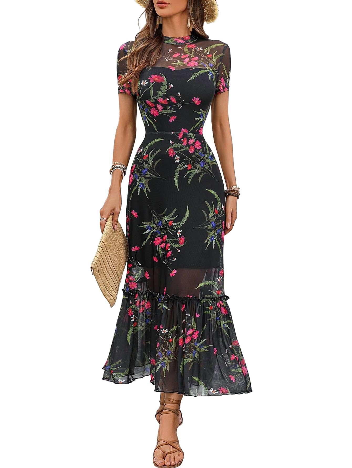 GothDark Womens Summer Floral Mesh Ruffle Dress Short Sleeve Round Neck Waist Cinched Casual Maxi Wedding Guest Dresses