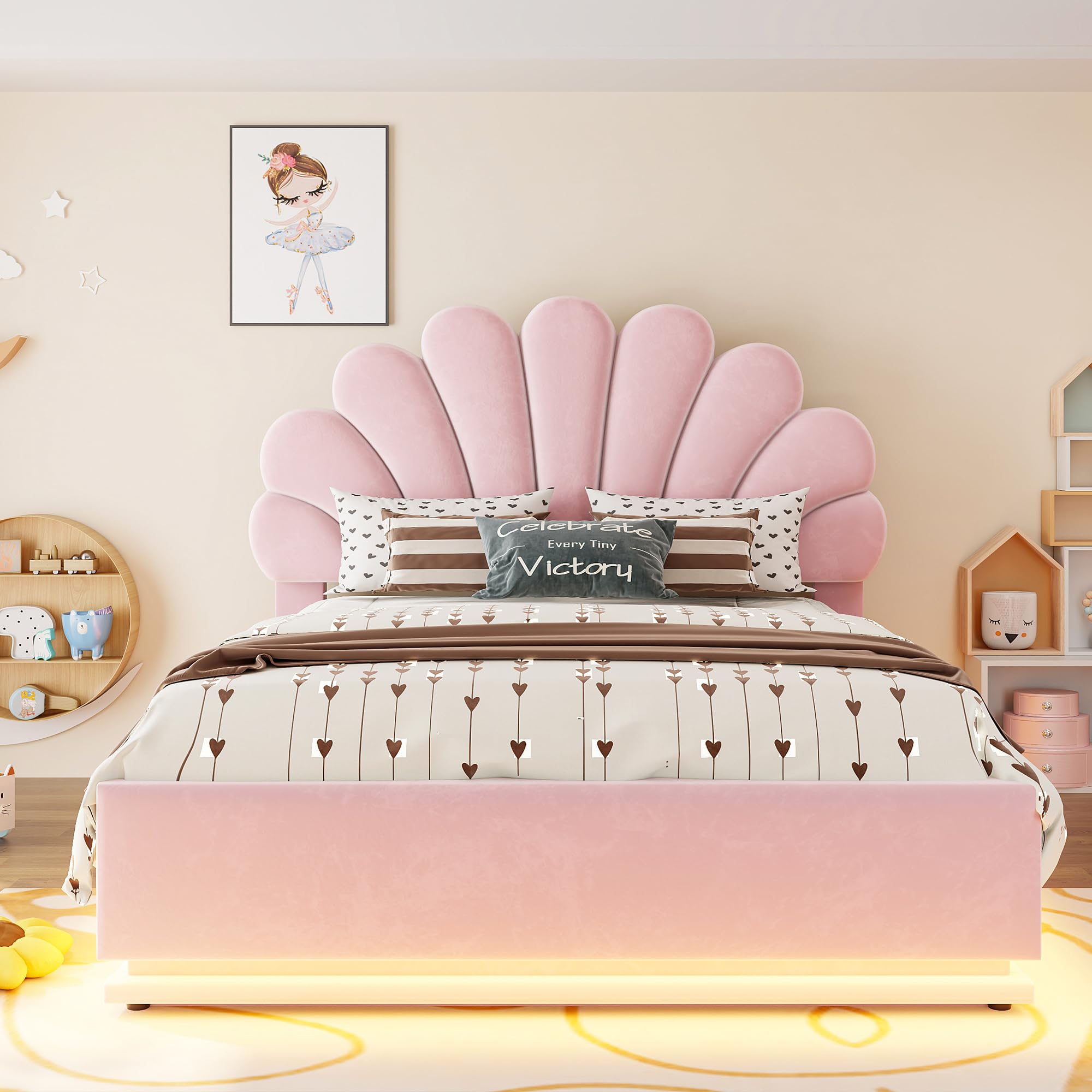 letto matrimoniale con contenitore idraulico,LED,140x200cm,rosa
