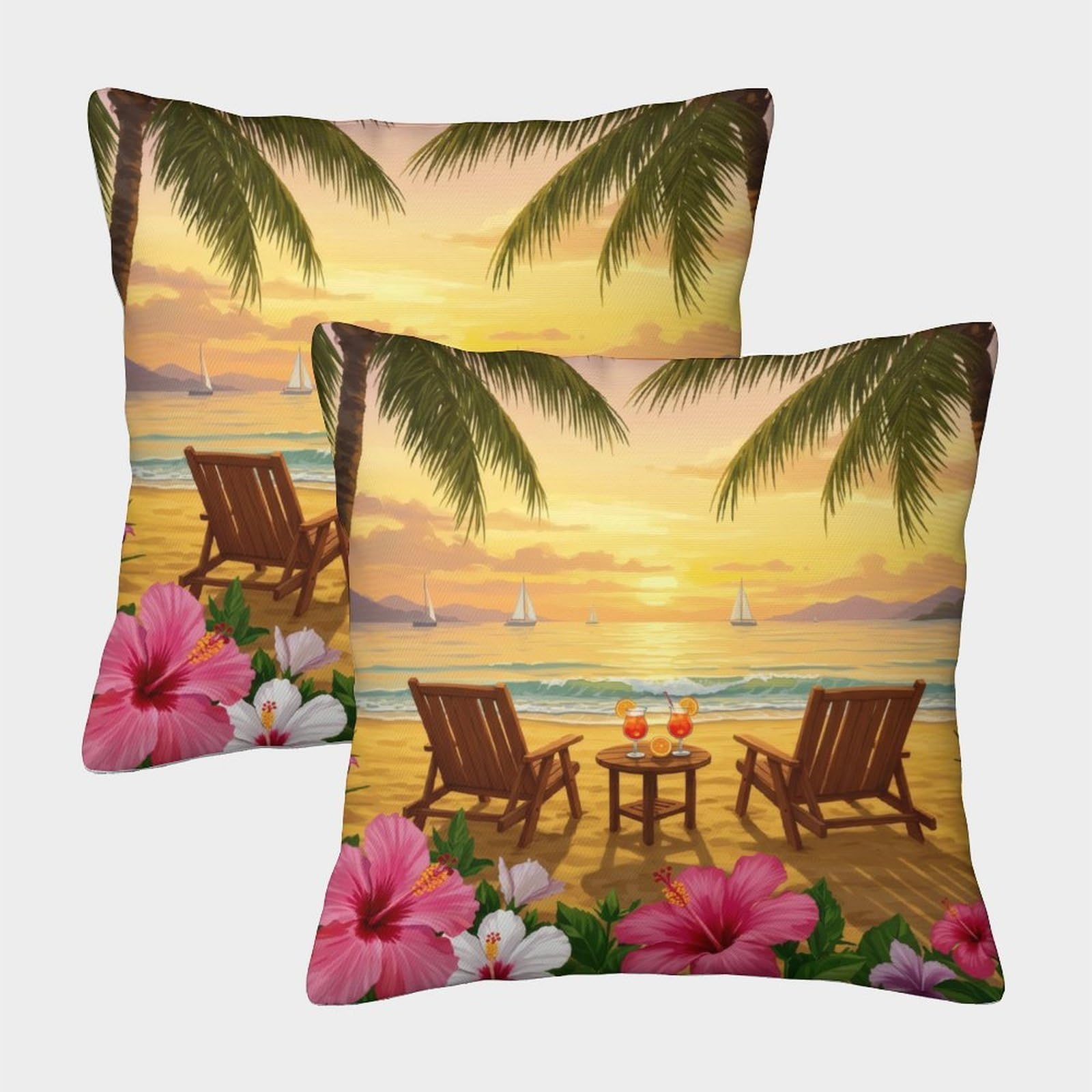 Felasbuid Style-8 Beach Sunset Scene—Tropical Vacation Art Pillow Cases Pack Of 2 Cozy Pillowcases Cushion Cover With Invisible Zipper Decor Couch Living Room 45X45cm