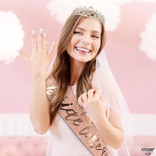 Miniatura 6 de KatchOn, Juego de decoraciones para despedida de soltera con purpurina, paquete de 3, banda y velo de oro rosa, decoraciones de despedida de