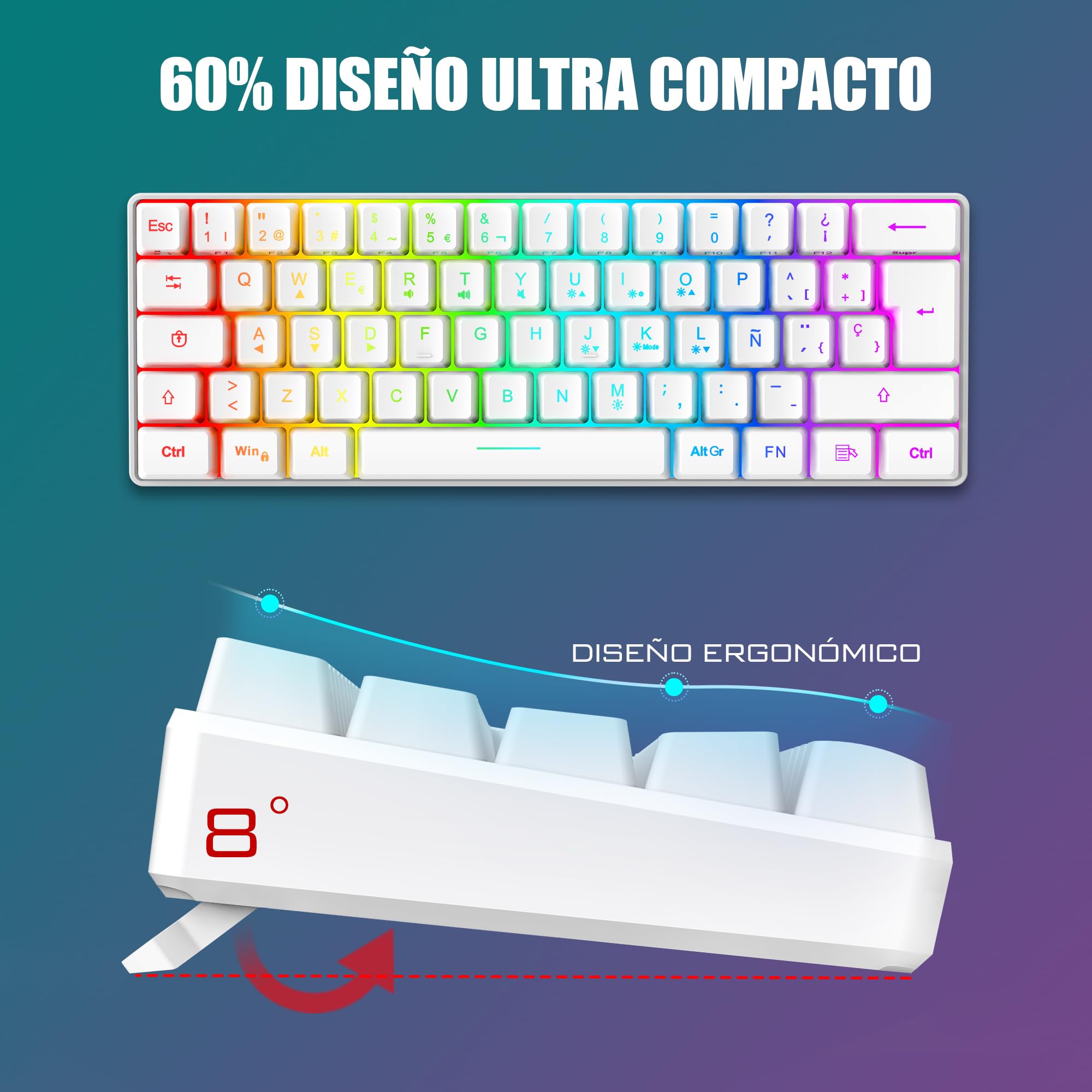 RedThunder K62 60% Combo Teclado y Ratón Gaming RGB Idioma Español, Teclado Mini Ultracompacto Retroiluminado y Ergonómico, Ratón Gaming Óptico 7200 dpi, Compatible con PC,PS5,Xbox (Blanco)