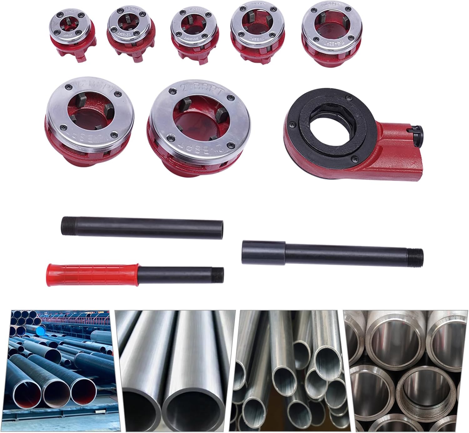 Pipe Threader Kit, Manual Ratcheting Pipe Threader Kit Pipe Cutter with Handle Pipe Threader Tool with 7 Dies Set(3/8", 1/2", 3/4",1", 1-1/4", 1-1/2", 2") for Galvanized Pipe or PP-R Pipe