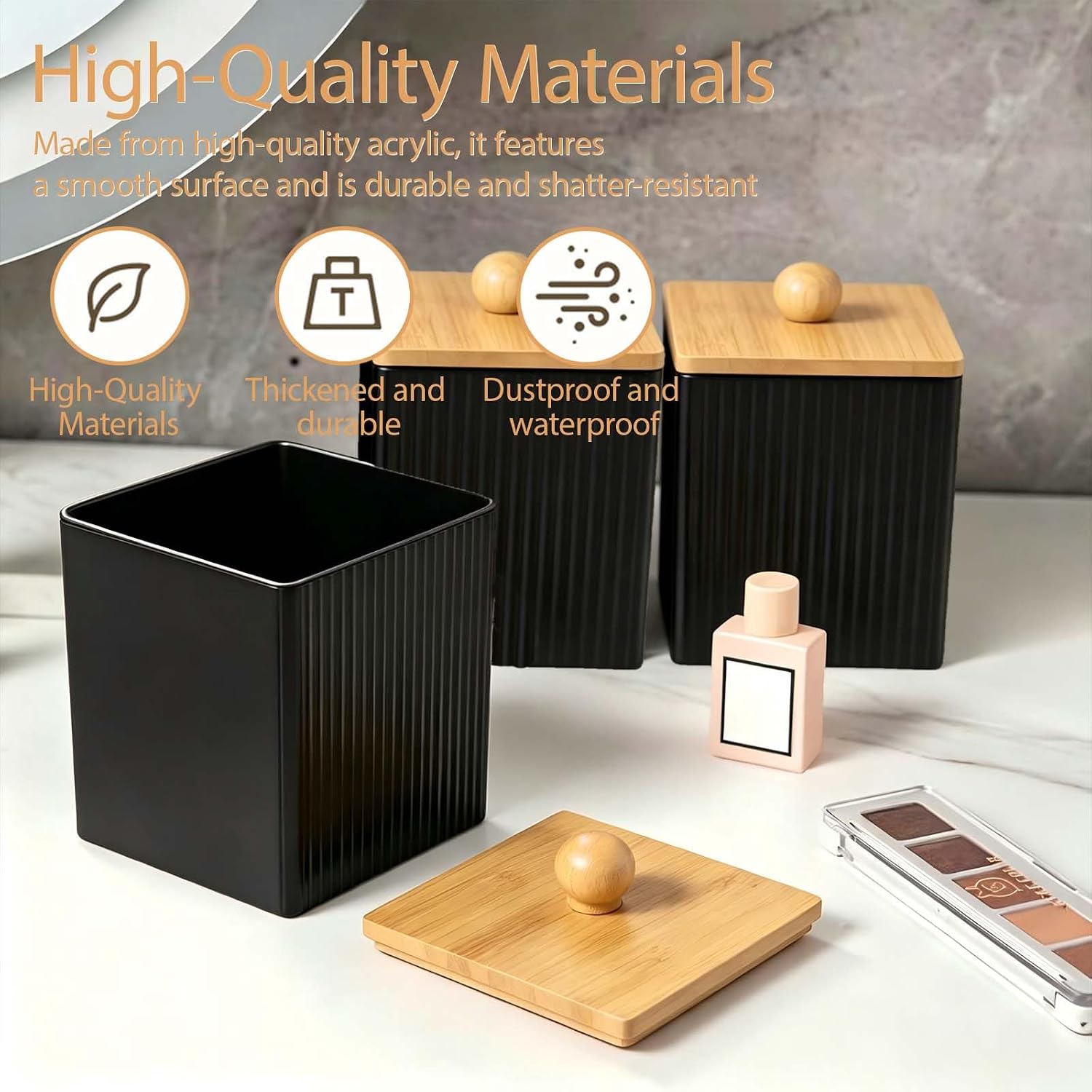 Cotton Round Holder 2Pcs Qtip Container with Lid, 3.77×3.14×3.14 Inches Black Acrylic Square Cotton Swab Holder with Bamboo Lid for Cottons Balls Swabs Floss Picks Canisters image 3