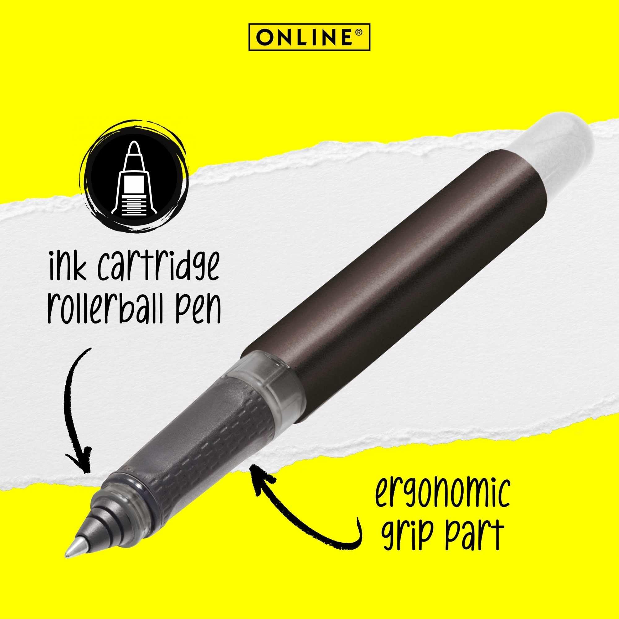 Online Ergonomic Rollerball Pen Metallic Black for School & College, Soft Grip Part for Left- and Right-Handed - Image 2