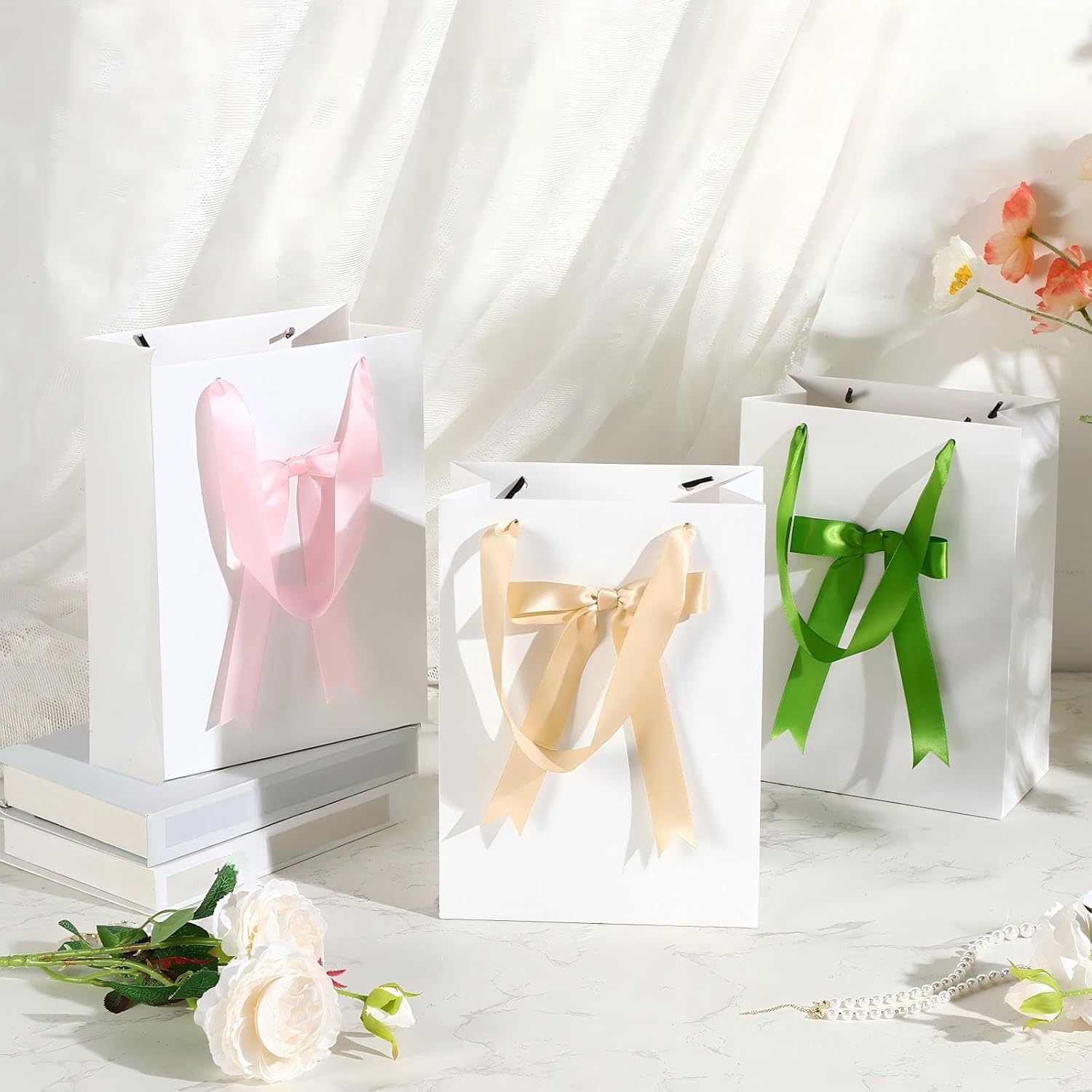 Eersida 24 Pcs Thank You Gift Bags with Handle 10x8x4'' Christmas Gift Handbags with Bow Ribbon for Wedding Bridesmaid Baby Shower Birthday Shopping Party Supplies(Beige) - Image 4