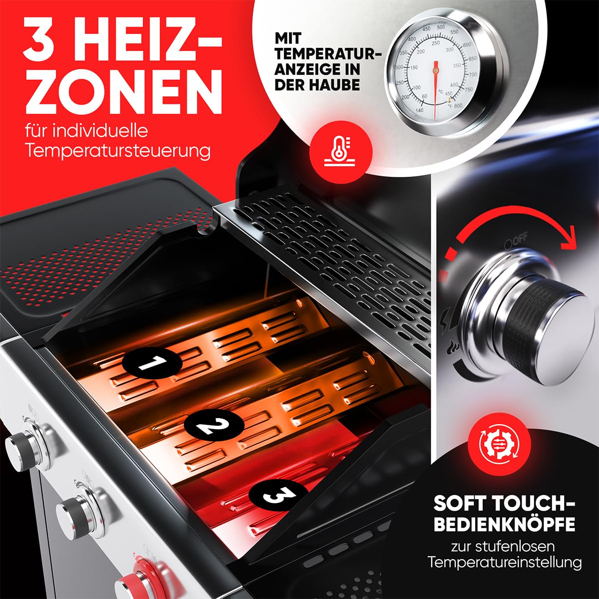 ProfiCook® Gasgrill für Temperaturen bis zu 400°C | mit Power-Zone | Roste aus echtem Gusseisen | Gasgrill 3 Brenner | Temperaturanzeige | Flaschenöffner | 3 Brenner | Balkon | PC GG 1310