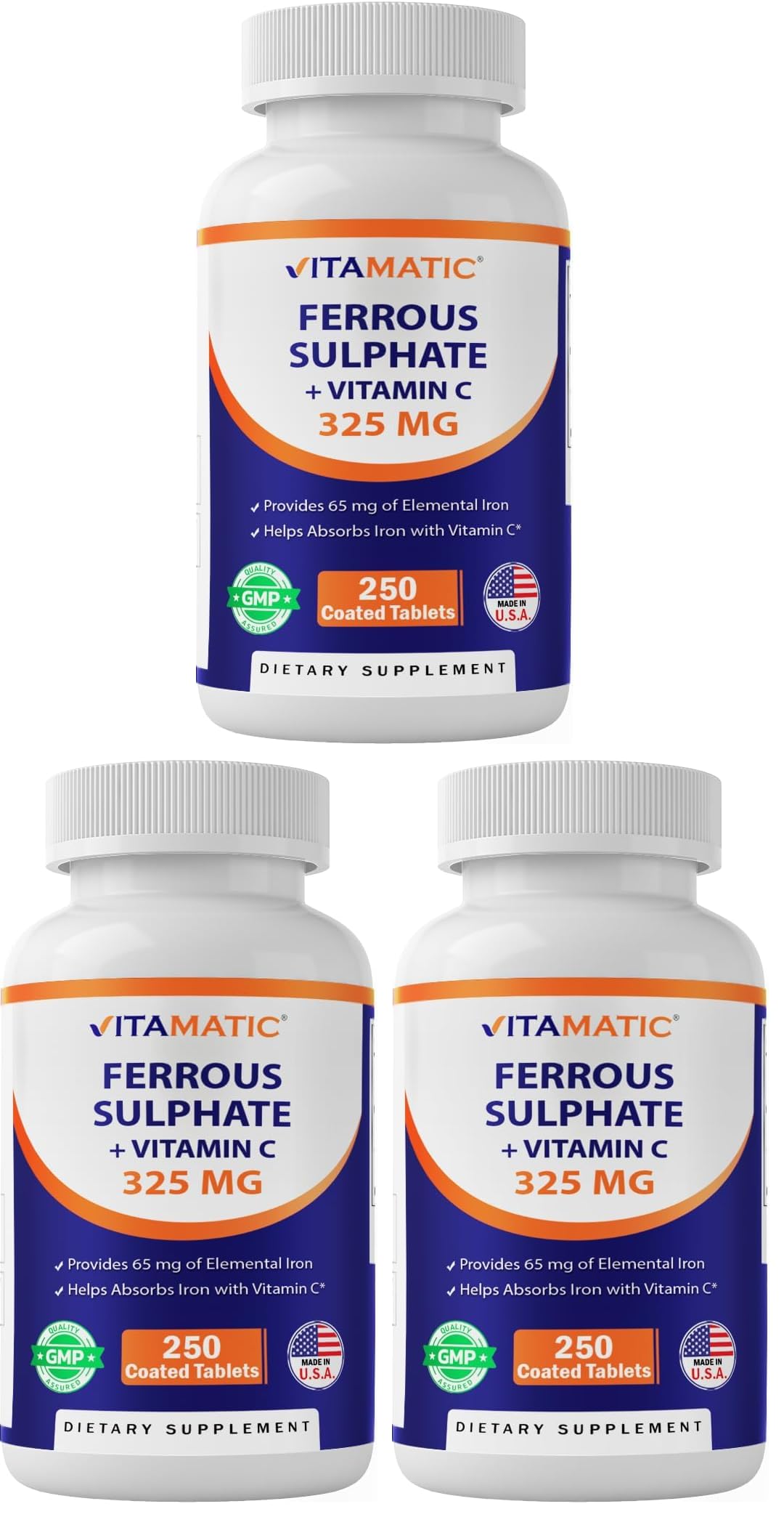 Vitamatic Ferrous Sulfate 325 mg with Vitamin C 100 mg (65 mg Elemental Iron) Coated Tablets – High Potency Iron Supplement – No Artificial Colors – Made in USA — Amazon image 11