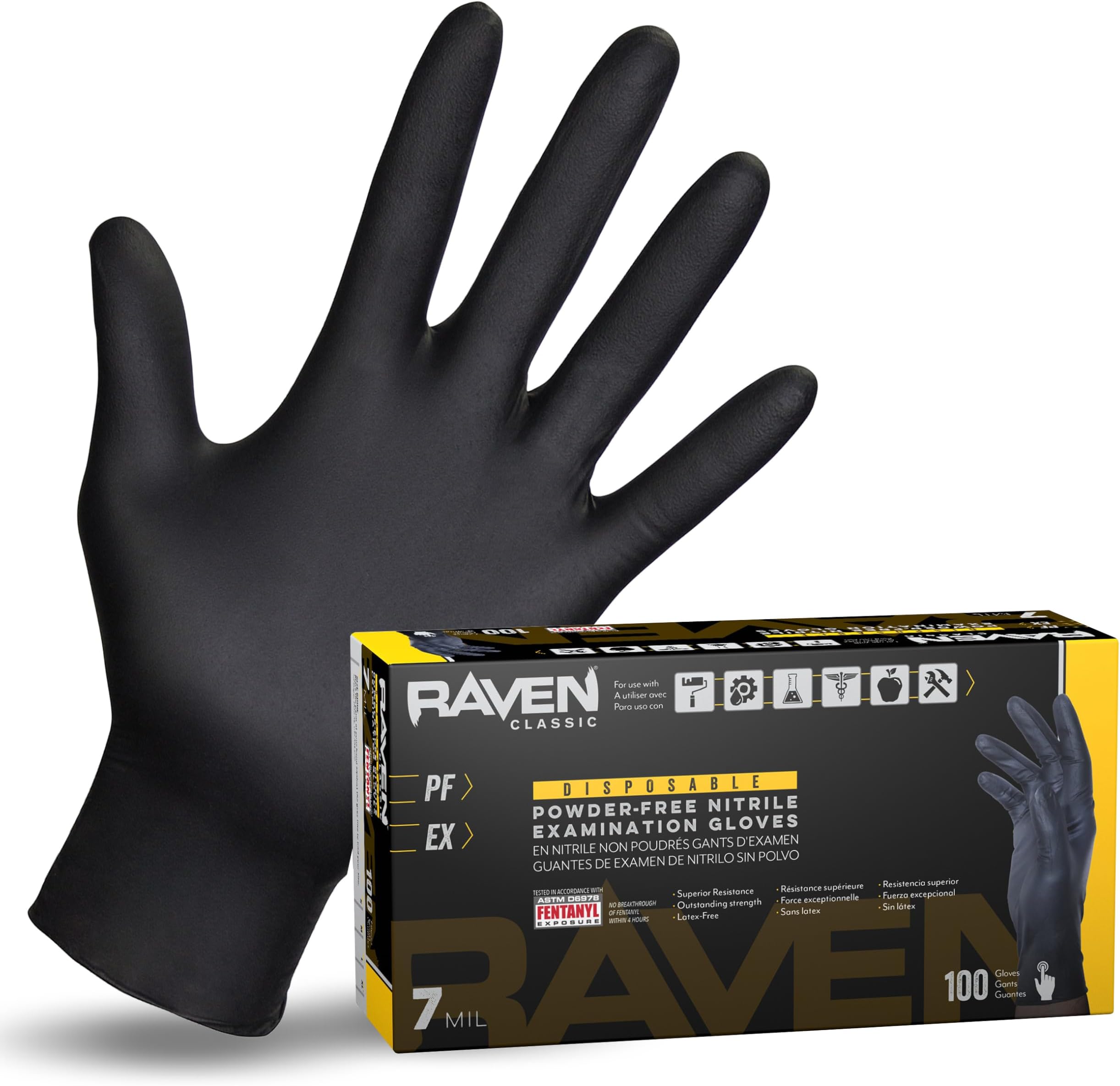 Raven Powder Free Nitrile Disposable Gloves | 7 Mil - Med | Latex Free, Chemical + Puncture Resistant, Textured Grip, Single Use | for Automotive, Industrial, Janitorial, MRO, Food Service | 66517