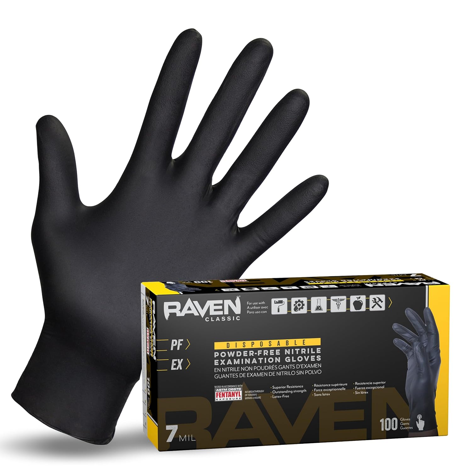 Raven Powder Free Nitrile Disposable Gloves 7 Mil - Med Latex Free Chemical Puncture Resistant Textured Grip Single
