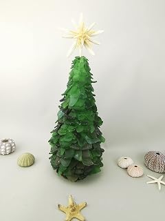 17.5" REAL Green SeaGlass & Starfish Tree Cone 44cm Christmas Coastal Sea Glass Nautical Ocean Art Seaglass