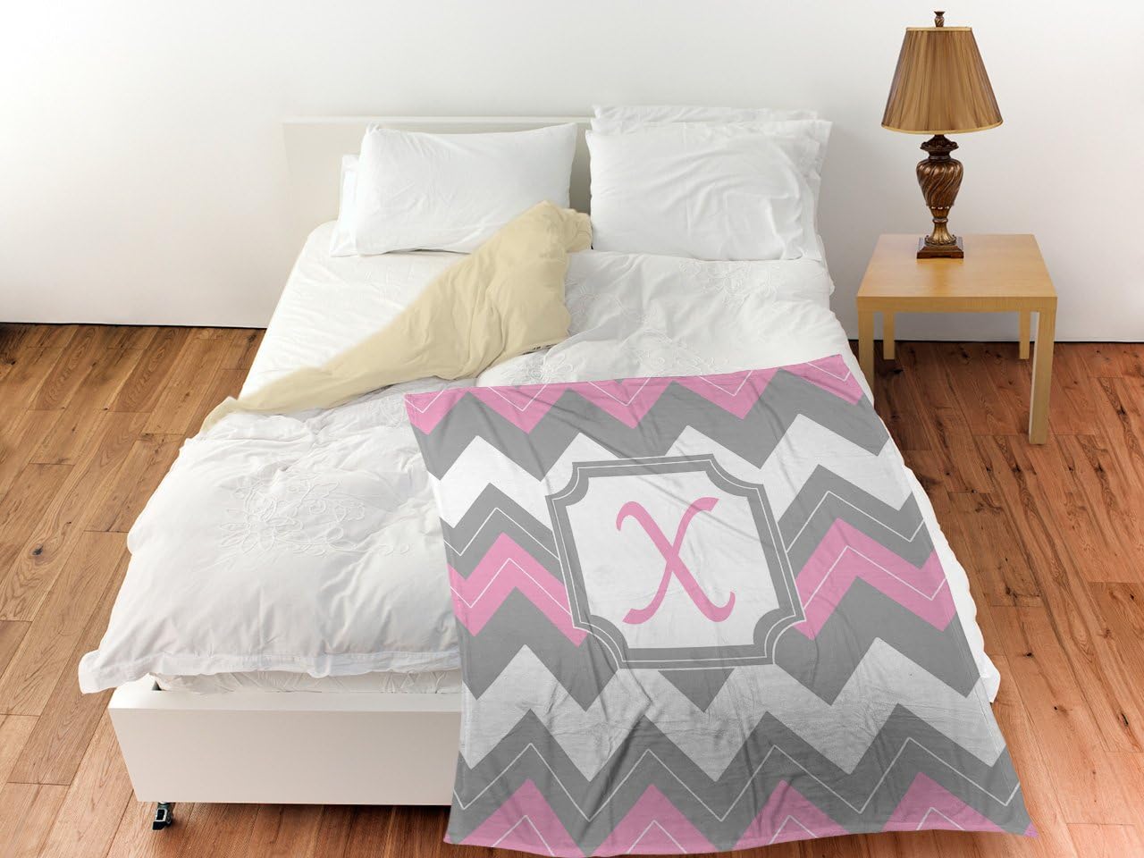 Manual Woodworkers & Weavers Coral Fleece Throw, 30 by 40-Inch, Monogrammed Letter X, Pink Chevron