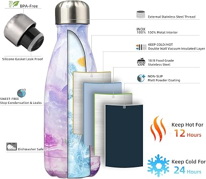Konokyo İzoleli Su Şişeleri,12oz Çift Duvar Paslanmaz Çelik Vacumm Metal Flask Spor Seyahat için,Mermer Şafak