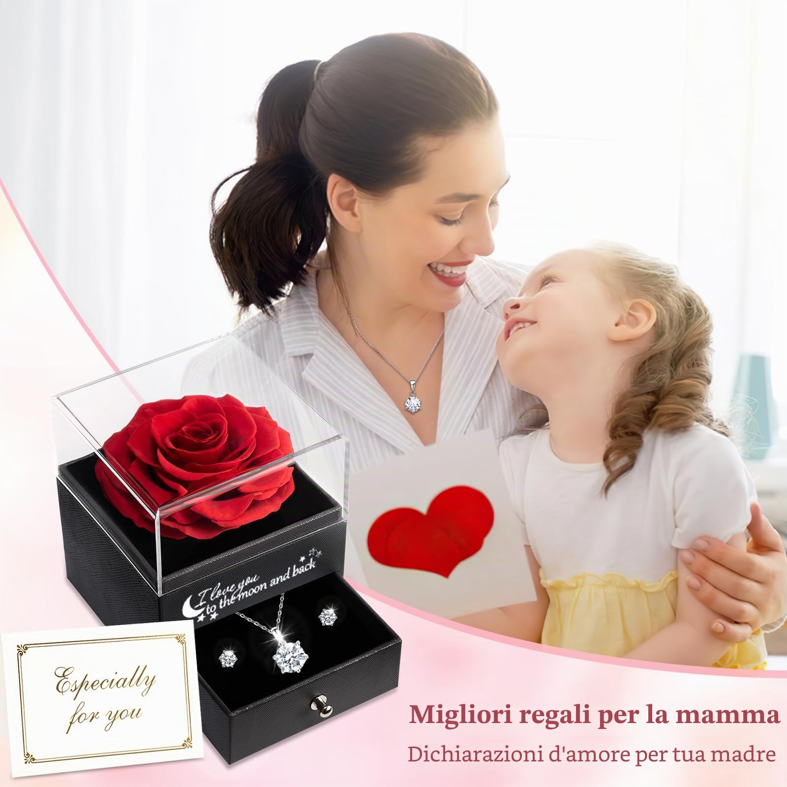 Sunia Festa della Mamma Idee Regalo, Vera Rosa Eterna con Collana Argento 925 Donna con e Orecchini, Rosa Stabilizzata Vera, Idee Regalo Donna, Regalo Mamma Compleanno, Regalo Festa della Mamma