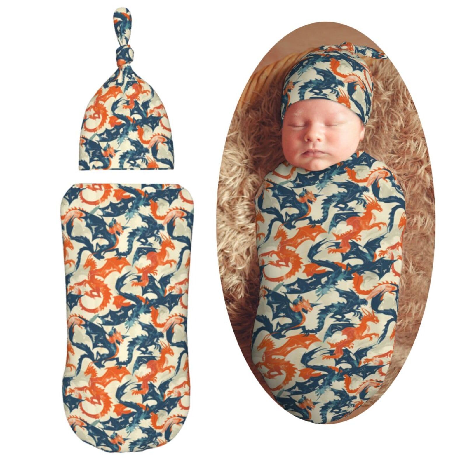Western Dragons Newborn Swaddle Blankets Hat Sets Soft Baby Receiving Blanket Swaddle Sack for Baby Shower Infant Boy Girl Gift